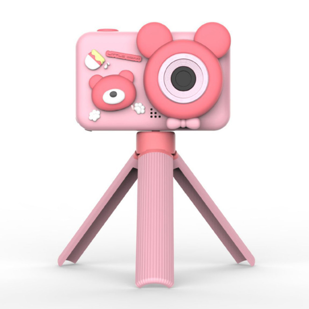 Een roze kindercamera met een berenontwerp, gemonteerd op een statief. De camera heeft een lens en een berenvormig ontwerp aan de voorkant.