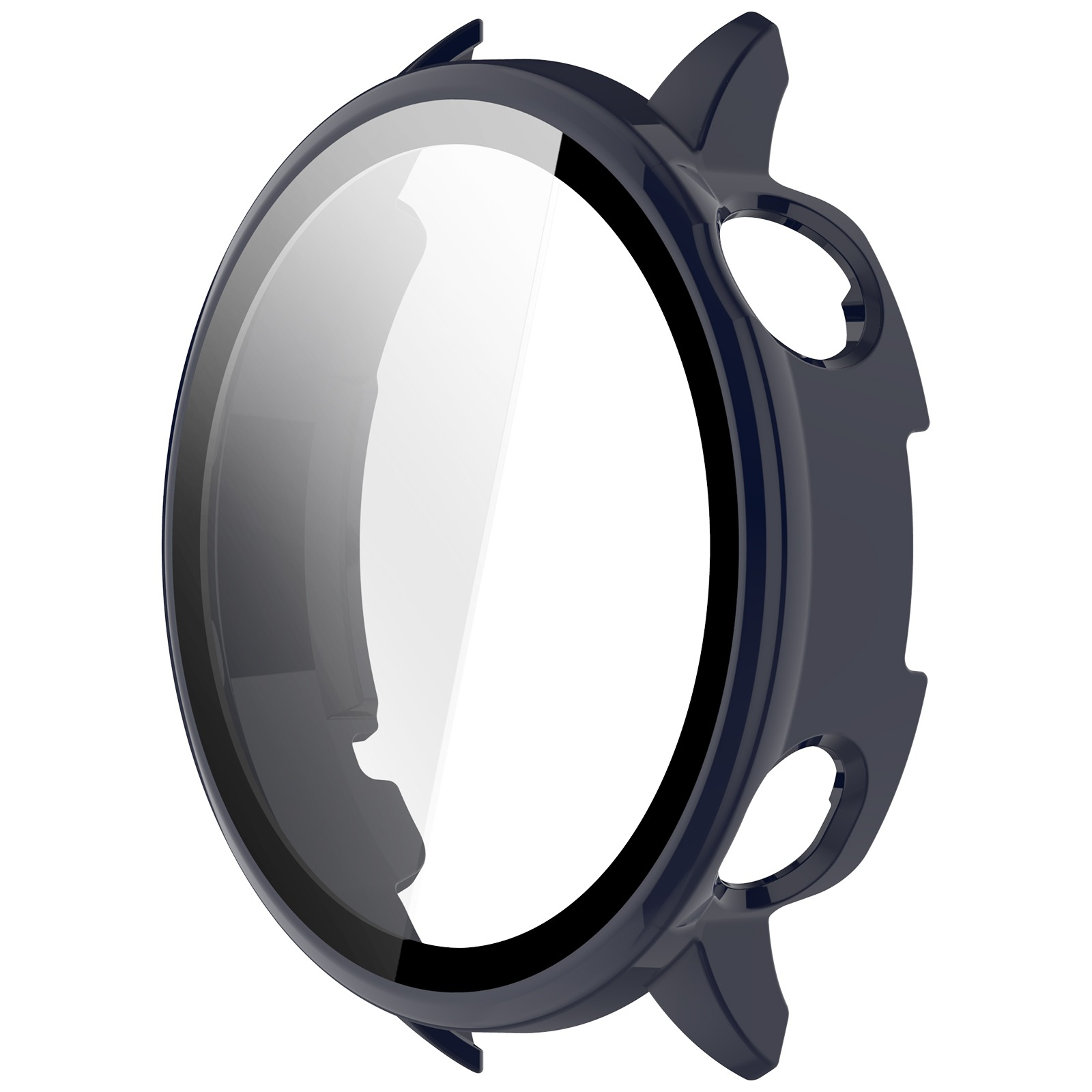 Una custodia per smartwatch blu scuro con una protezione per schermo trasparente. Ha una finitura lucida e si trova su uno sfondo bianco.