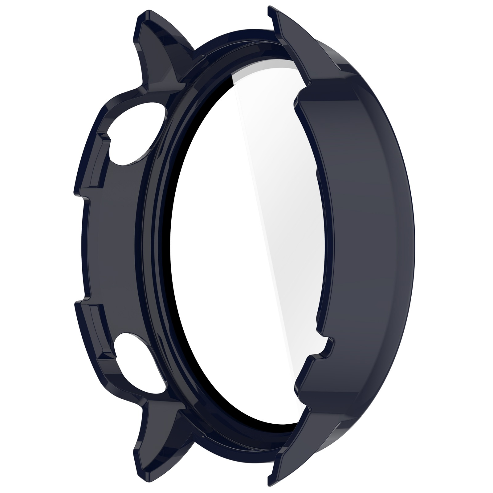 Una custodia per orologio blu scuro con protezione schermo trasparente, progettata per un quadrante circolare.