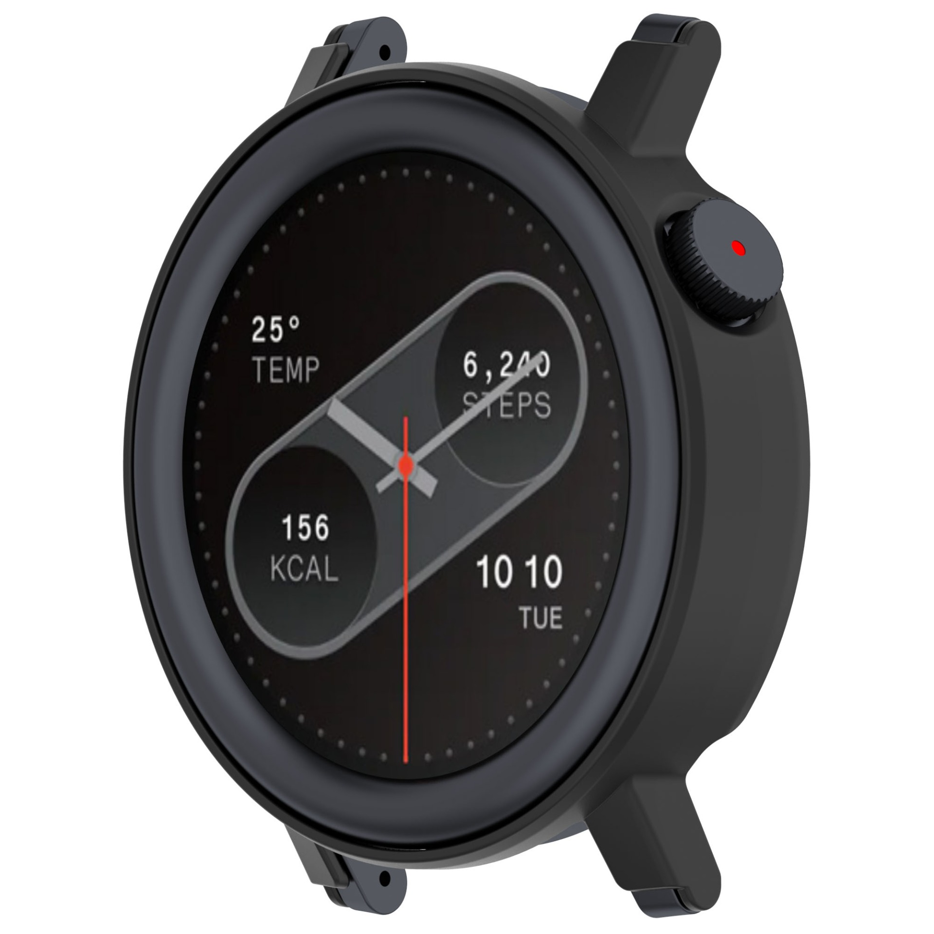 Smartwatch nera con quadrante rotondo. Mostra ora, passi, temperatura e calorie. Pulsante laterale con punto rosso.
