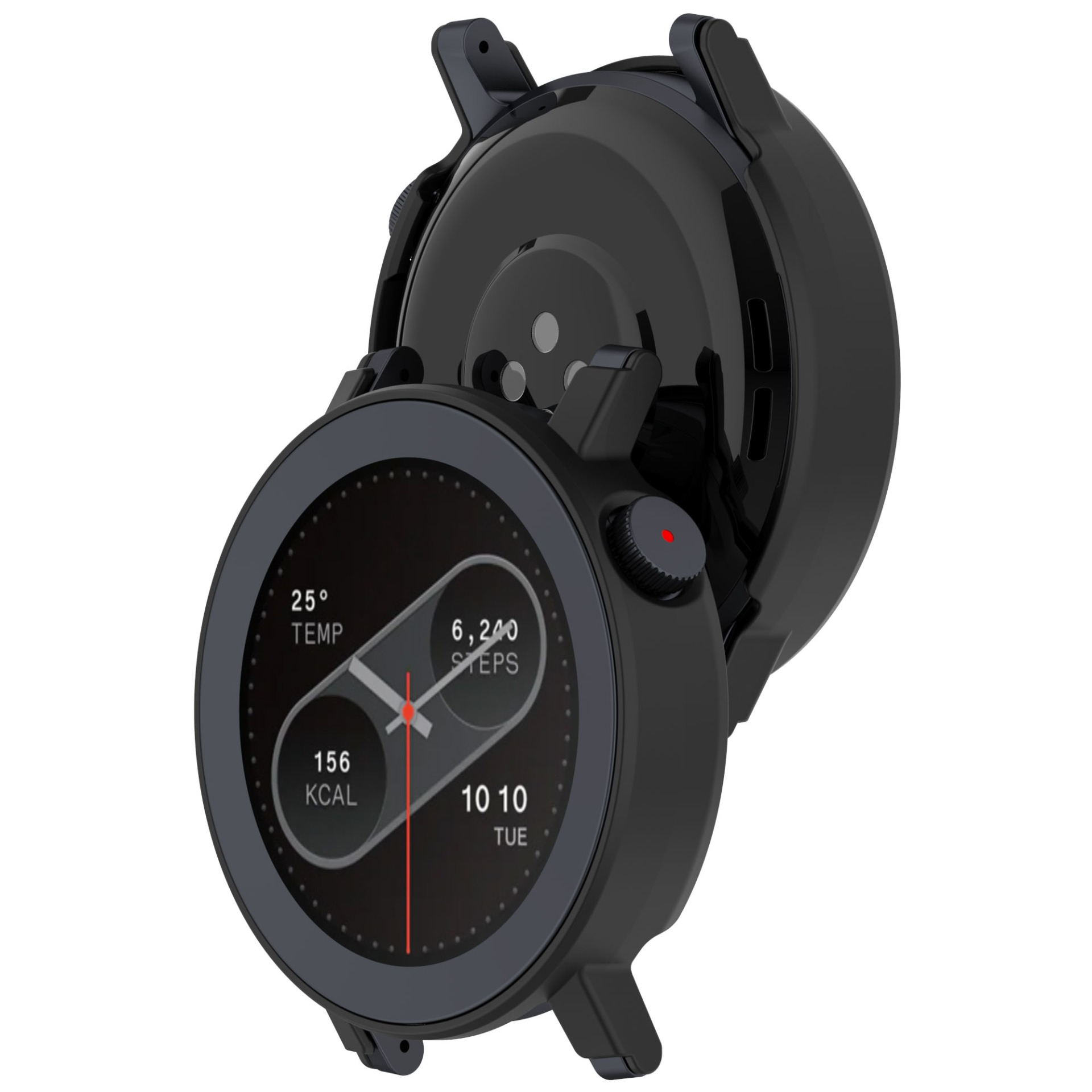 Smartwatch nera che mostra dati: temperatura, passi, calorie e ora. Ha un pulsante e un retro lucido. Lo sfondo è bianco.