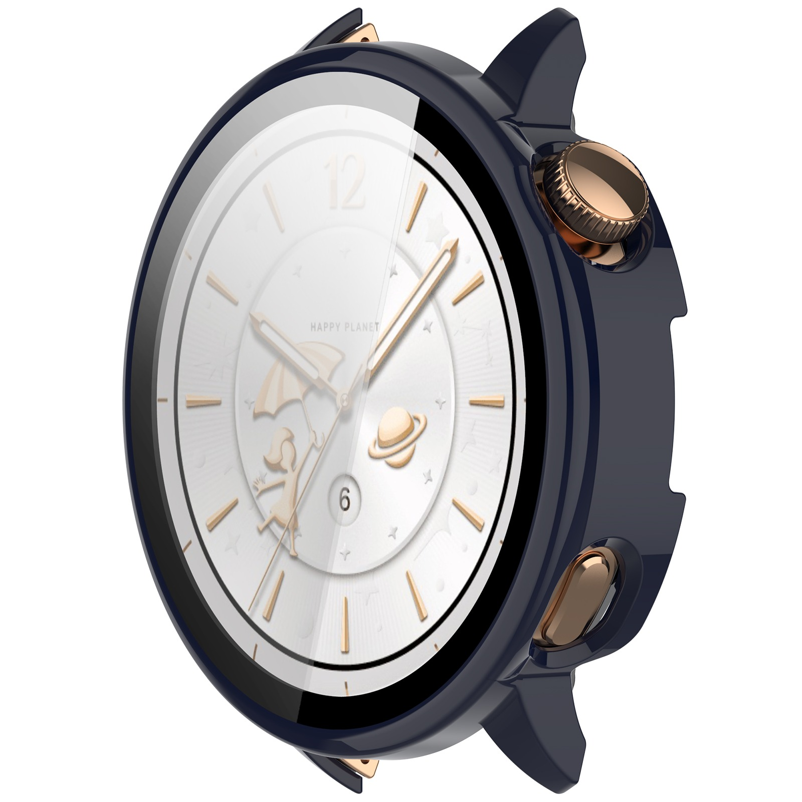 Uno smartwatch con quadrante bianco, cassa blu navy e dettagli dorati. Il quadrante presenta un disegno di un bambino con un ombrello.