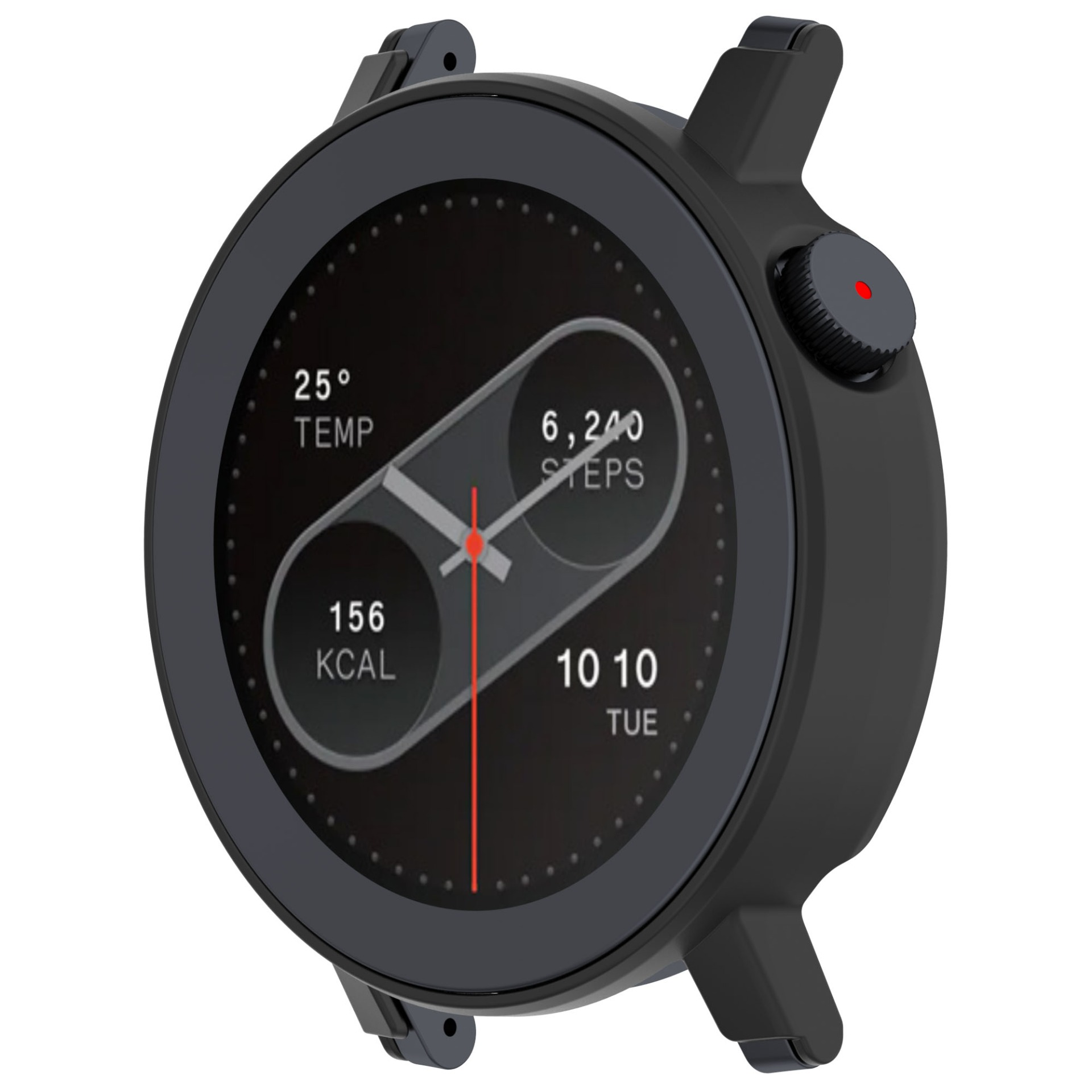 Smartwatch nera con schermo rotondo che mostra temperatura, passi, calorie e ora.