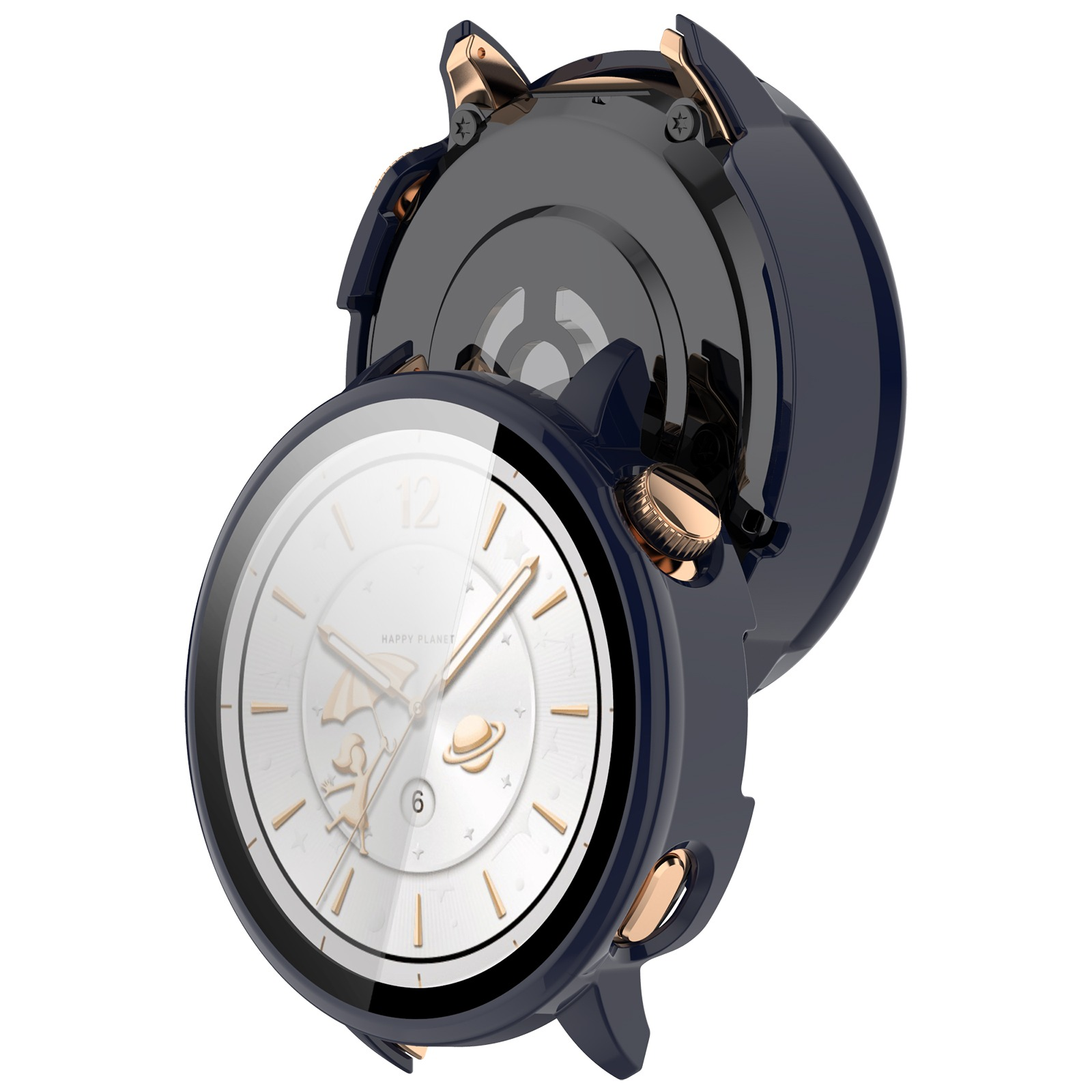 Uno smartwatch blu navy con dettagli dorati, parzialmente aperto. Il quadrante è bianco con lancette dorate e grafica a cartoni animati.