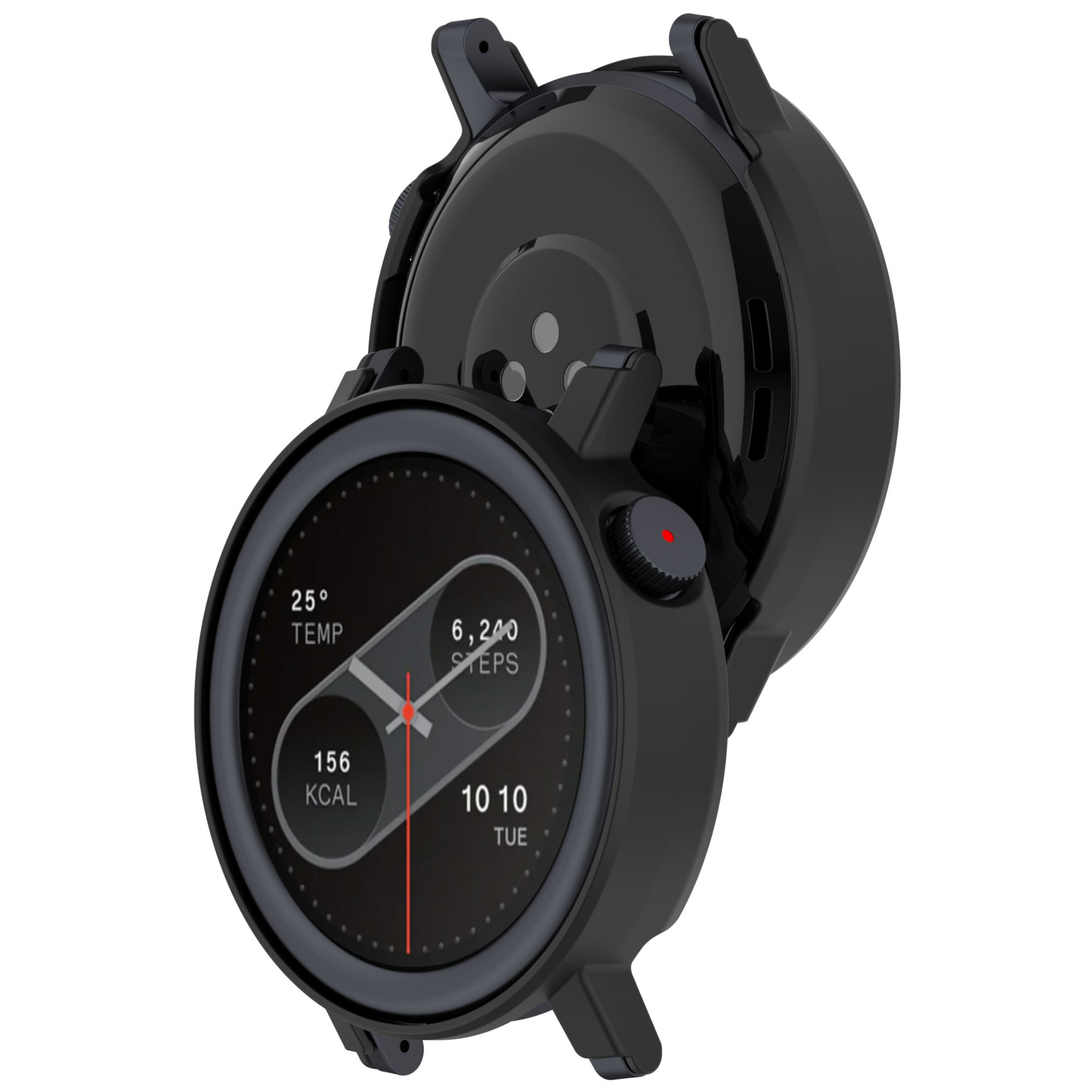 Smartwatch nera che mostra ora, temperatura, passi e calorie. L'orologio è rotondo e parzialmente smontato.