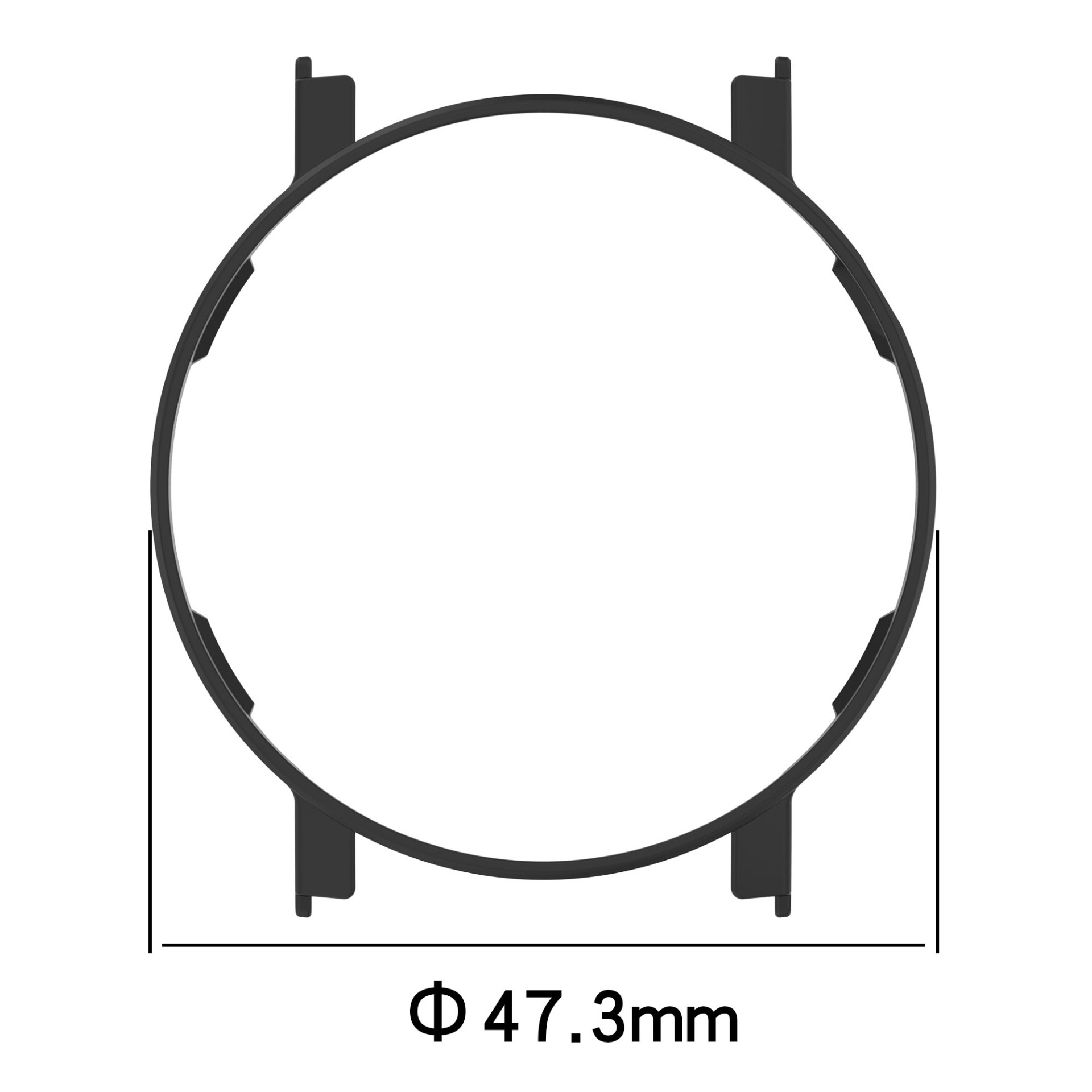 Un oggetto circolare nero con quattro estensioni rettangolari. Il diametro è di 47,3 mm. Sfondo bianco.