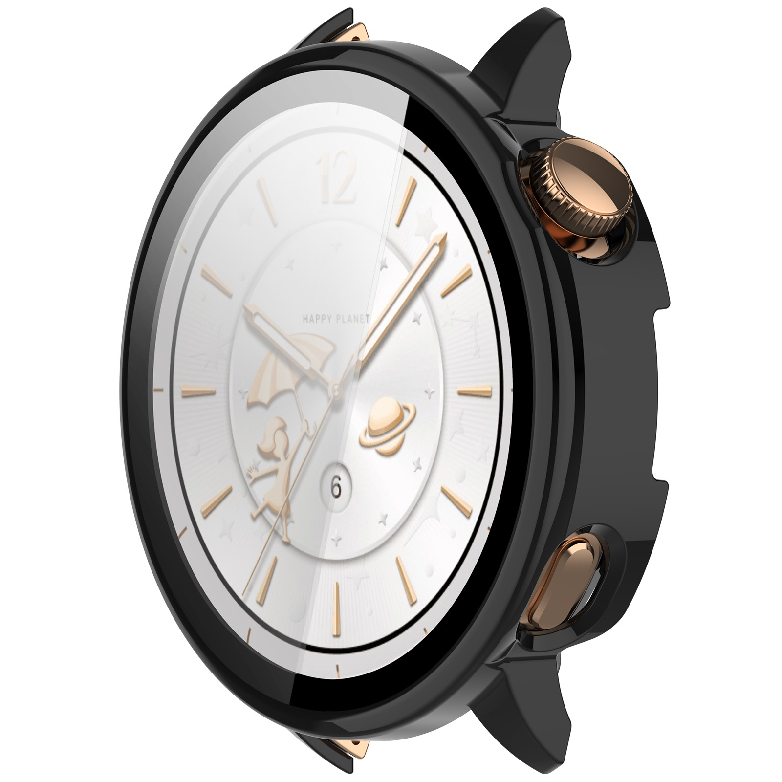 Nahaufnahme einer Uhr mit weißem Zifferblatt, goldenen Zeigern und schwarzem Gehäuse. Das Zifferblatt hat ein Cartoon-Design und die Worte 'Happy Planet'.