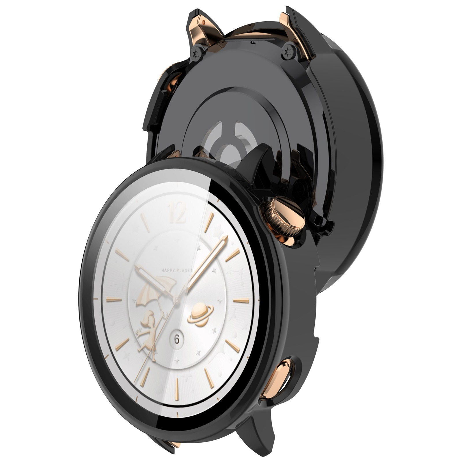 Schwarze Smartwatch mit goldenen Akzenten. Weißes Zifferblatt zeigt Zeit und spielerische Illustrationen. Eine Uhr ist geöffnet.