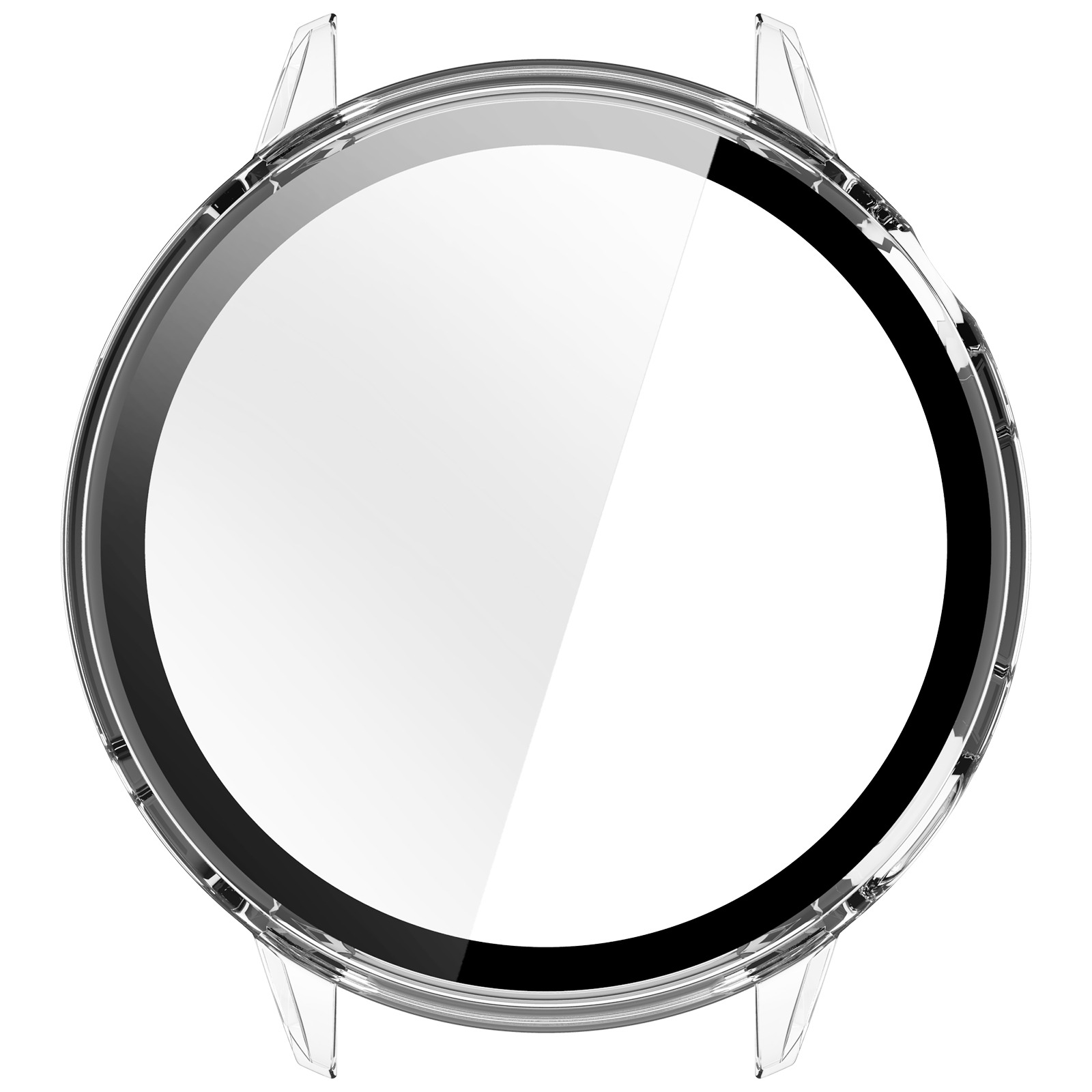 Cassa dell'orologio rotonda e trasparente con interno bianco e bordo nero. Anse trasparenti si estendono dalla cassa.