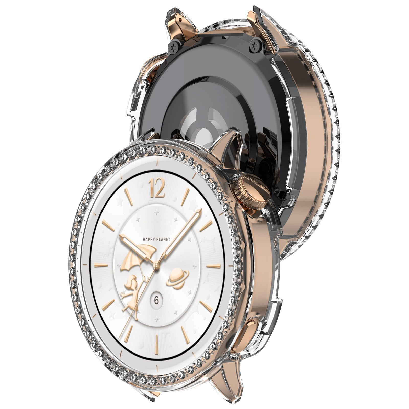 Un orologio d'oro con quadrante bianco e lunetta tempestata di diamanti. L'orologio ha una custodia protettiva trasparente. Lo sfondo è bianco.