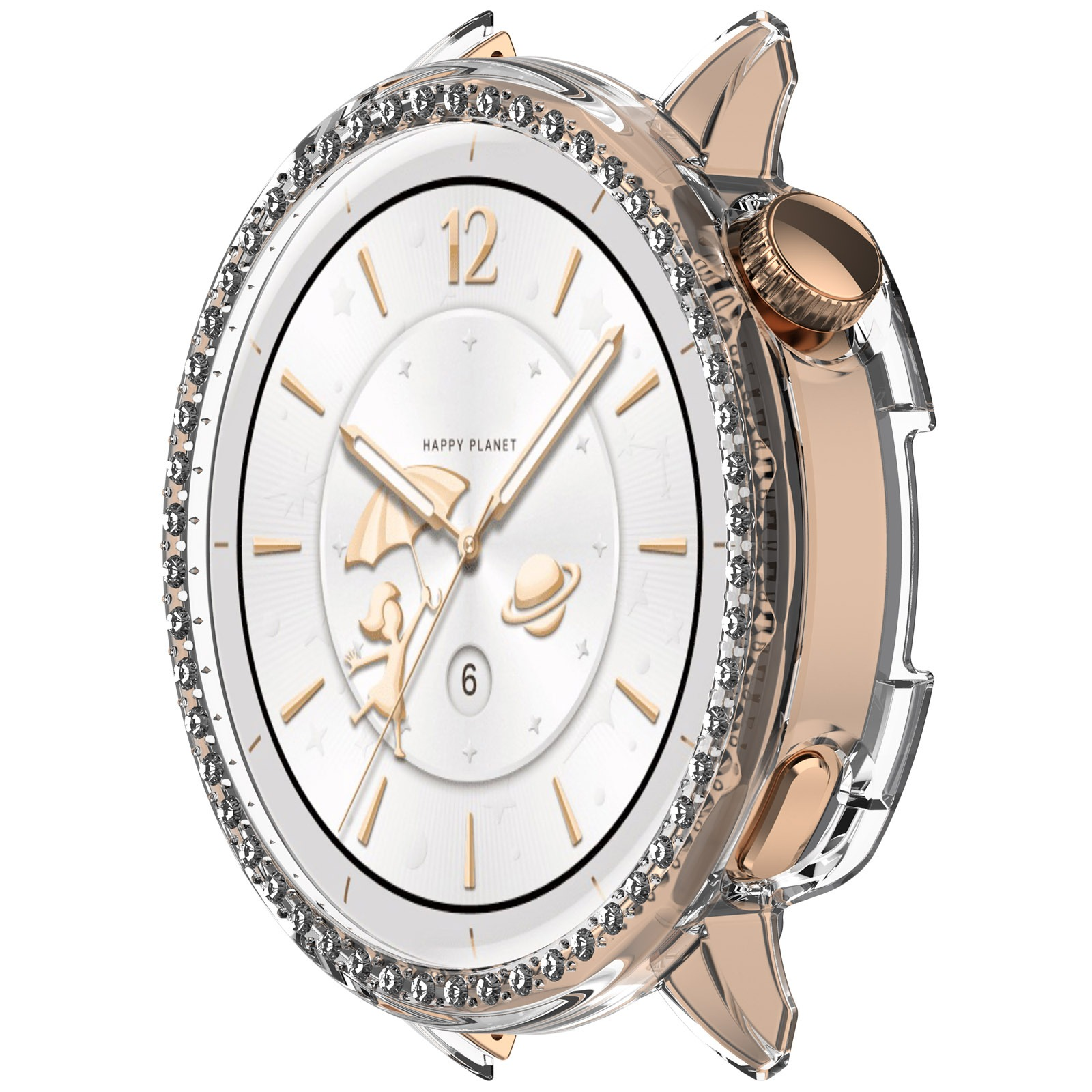 Primo piano di un orologio in oro rosa con quadrante bianco. Presenta una lunetta di cristallo e un design con una ragazza e un pianeta.
