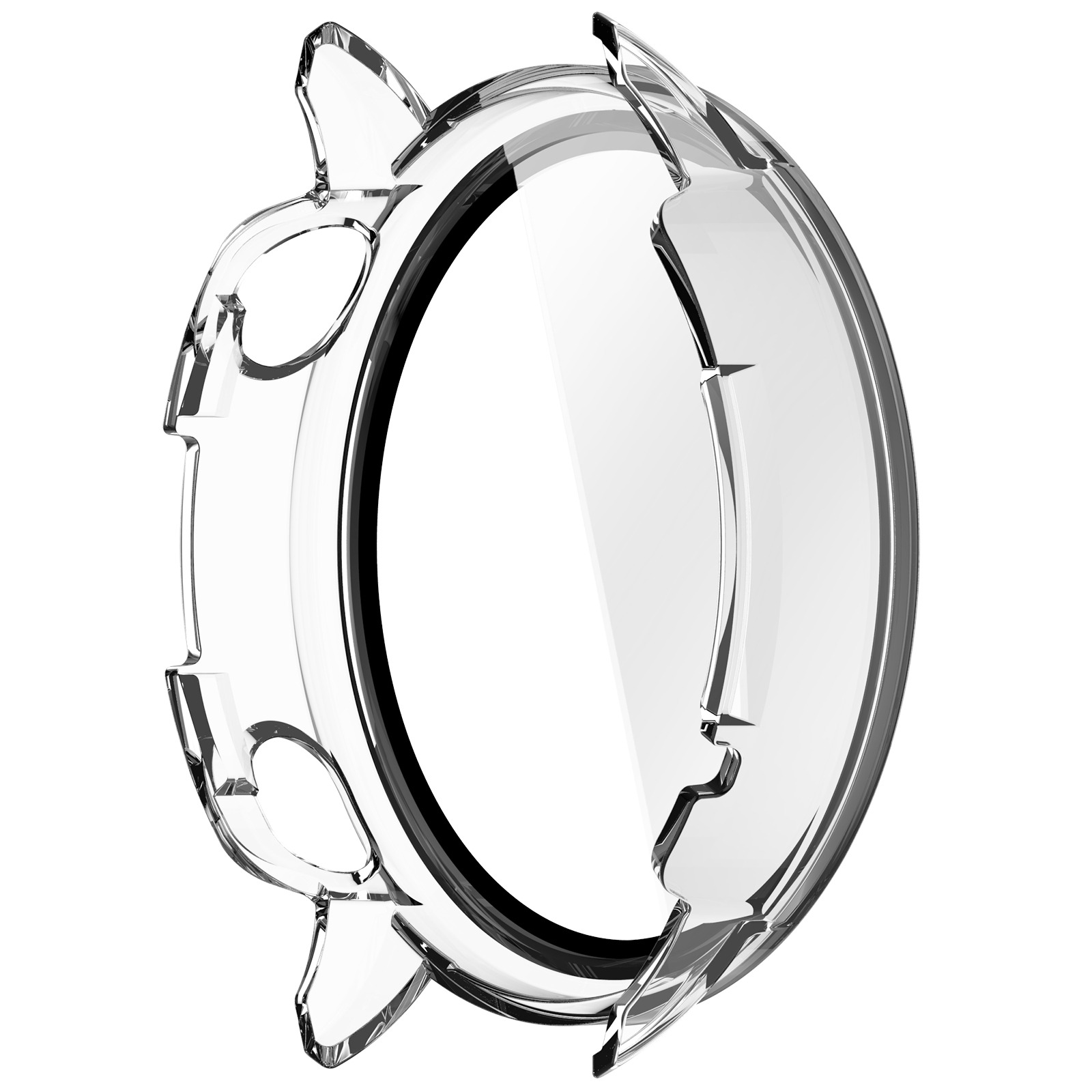 Una custodia protettiva trasparente per orologio. Ha un design circolare con bordi rialzati e un anello interno nero.