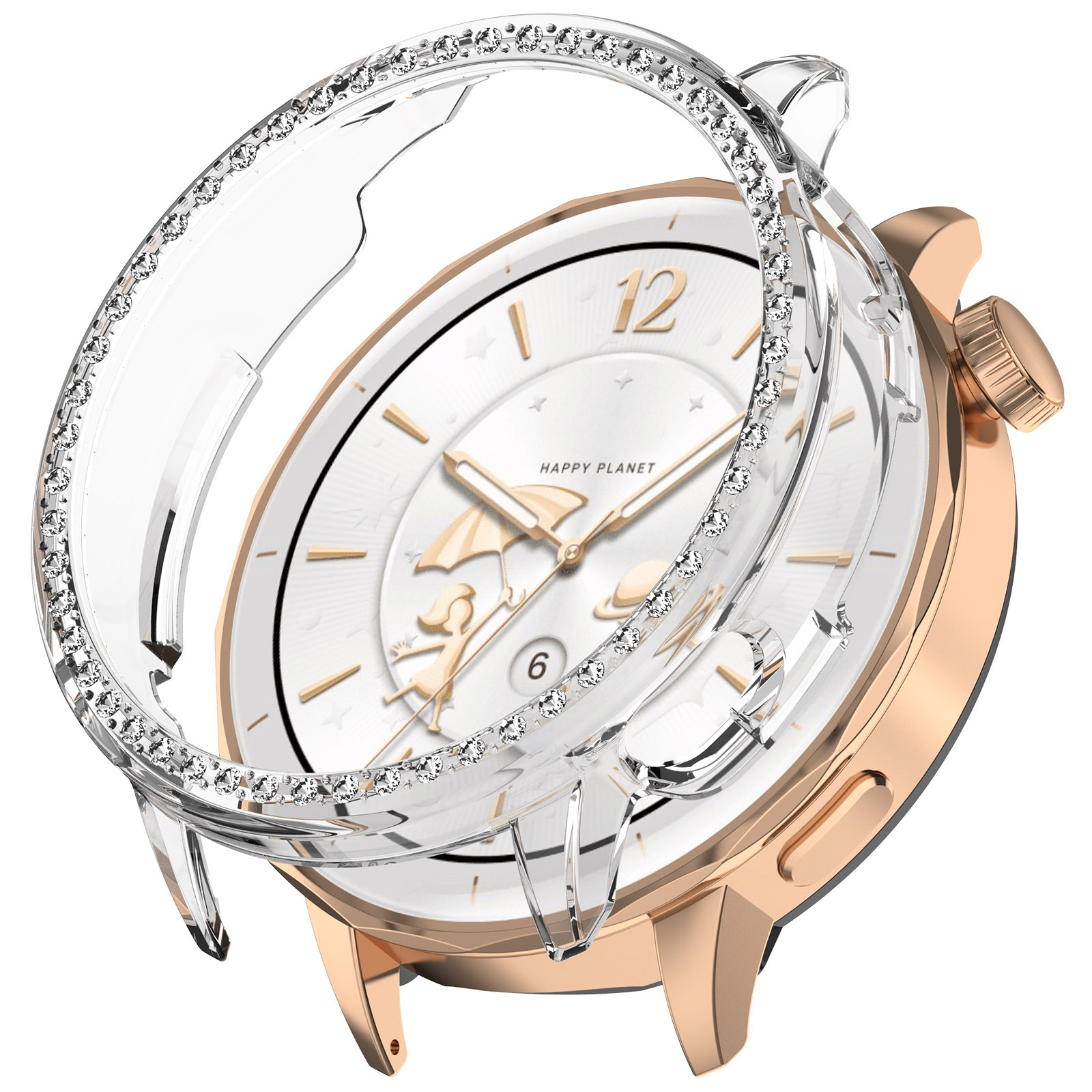Un orologio oro rosa con quadrante bianco, protetto da una lunetta trasparente con diamanti. Il quadrante ha dettagli dorati.