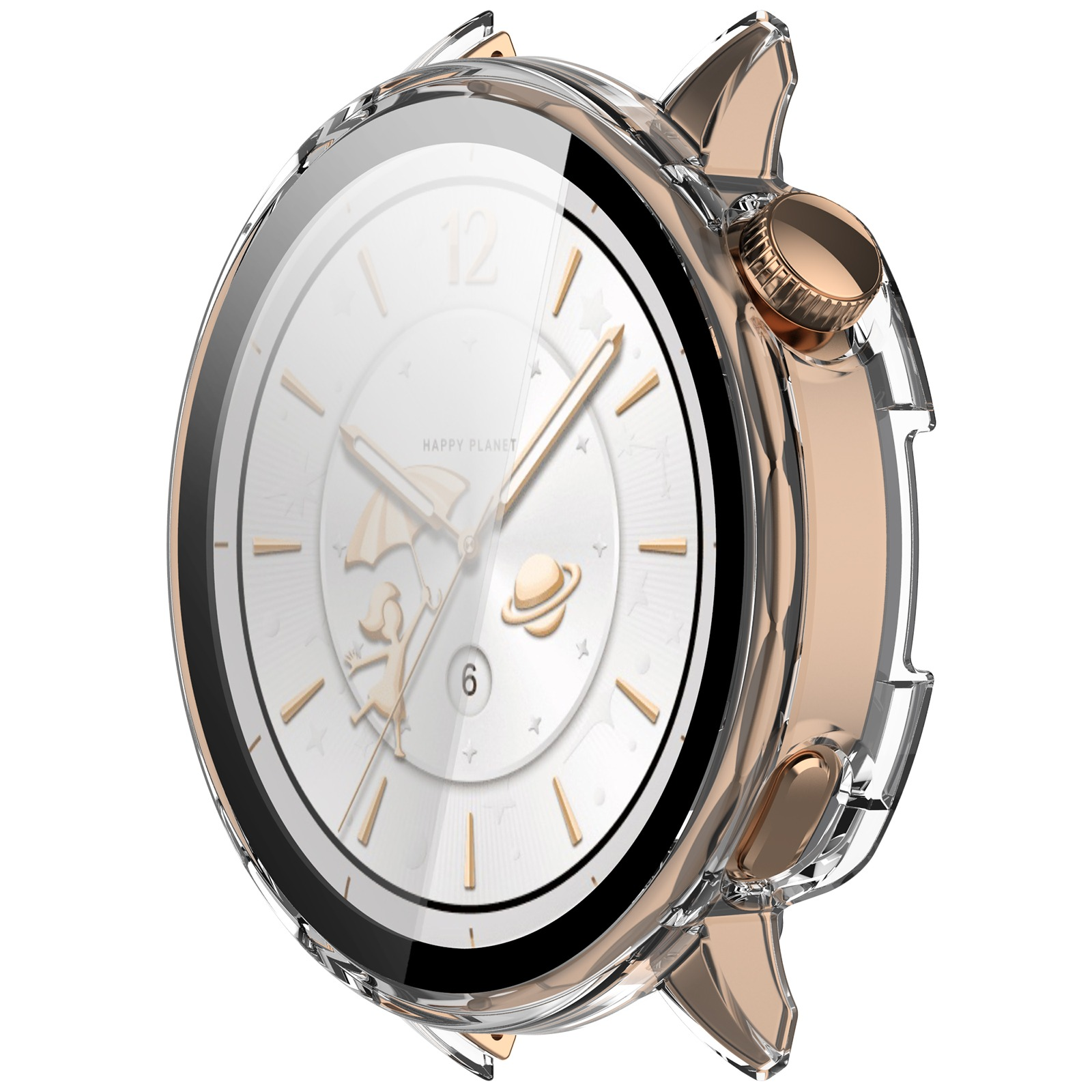 Primo piano di un orologio in oro rosa con cassa trasparente. Il quadrante è bianco con dettagli dorati e un design a pianeta.