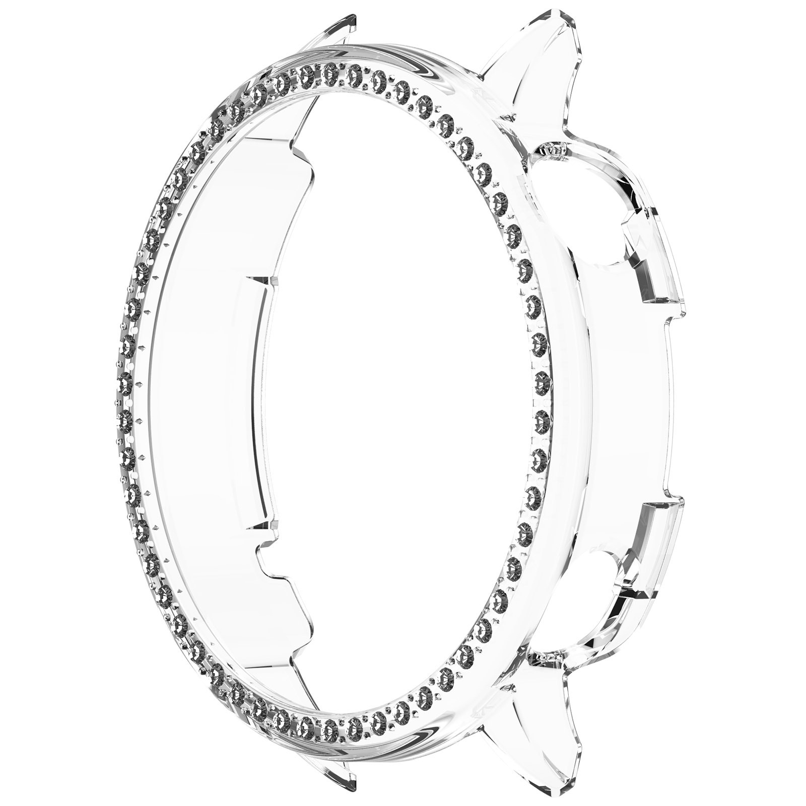 Una lunetta trasparente per orologio con una fila di piccole pietre argentate. È trasparente con elementi di design angolari su sfondo bianco.