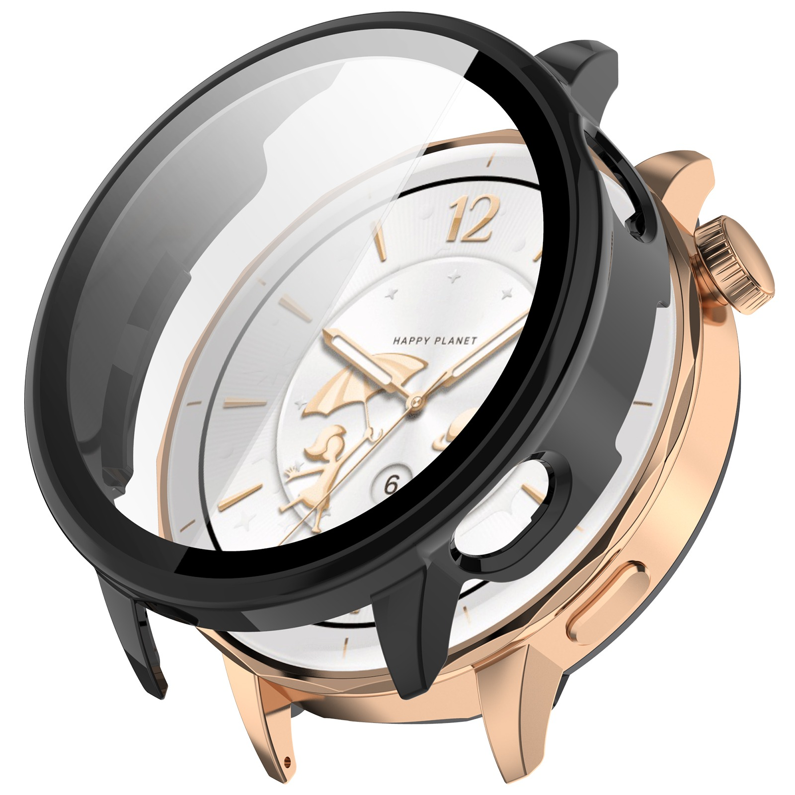 Eine Armbanduhr mit schwarzer Lünette und roségoldfarbenem Gehäuse. Das Zifferblatt ist weiß mit goldenen Zeigern und einem Kind, das einen Schirm hält.
