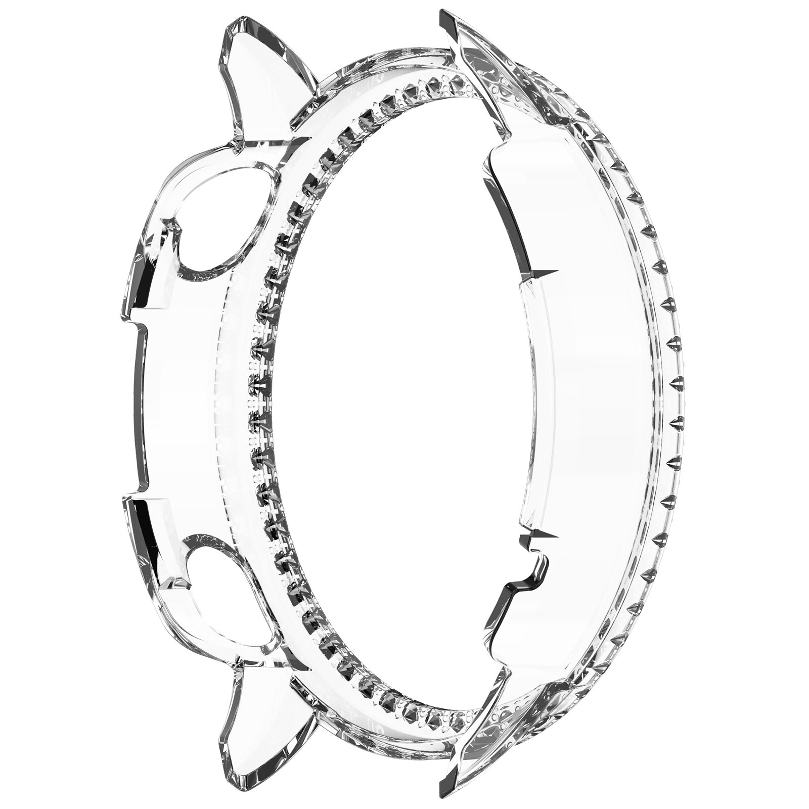 Custodia trasparente per orologio con design circolare, bordi rialzati ed elementi decorativi, su sfondo bianco.