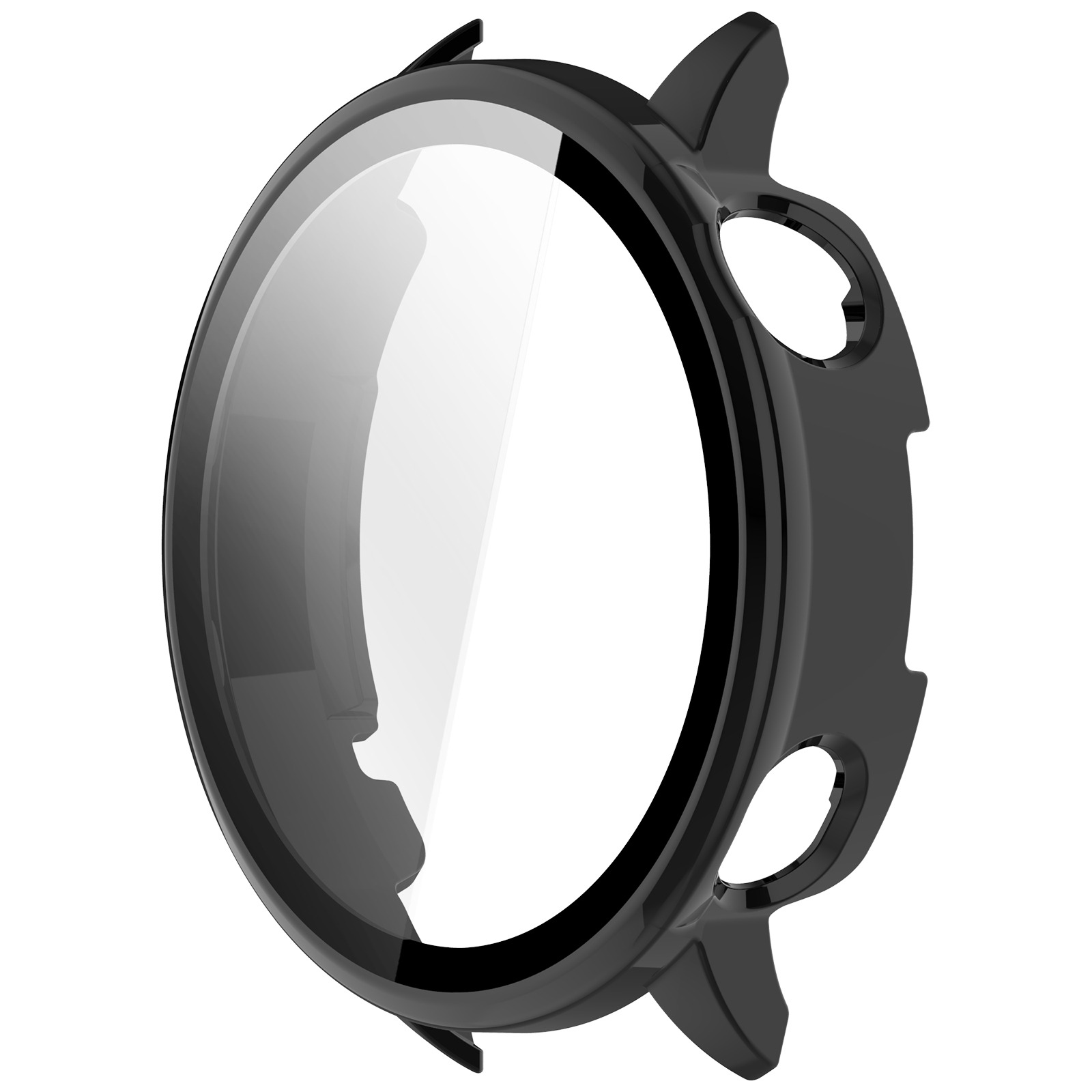 Nahaufnahme eines schwarzen Smartwatch-Gehäuses mit klarer Glasscheibe. Das Gehäuse hat eine runde Form und befindet sich auf weißem Hintergrund.