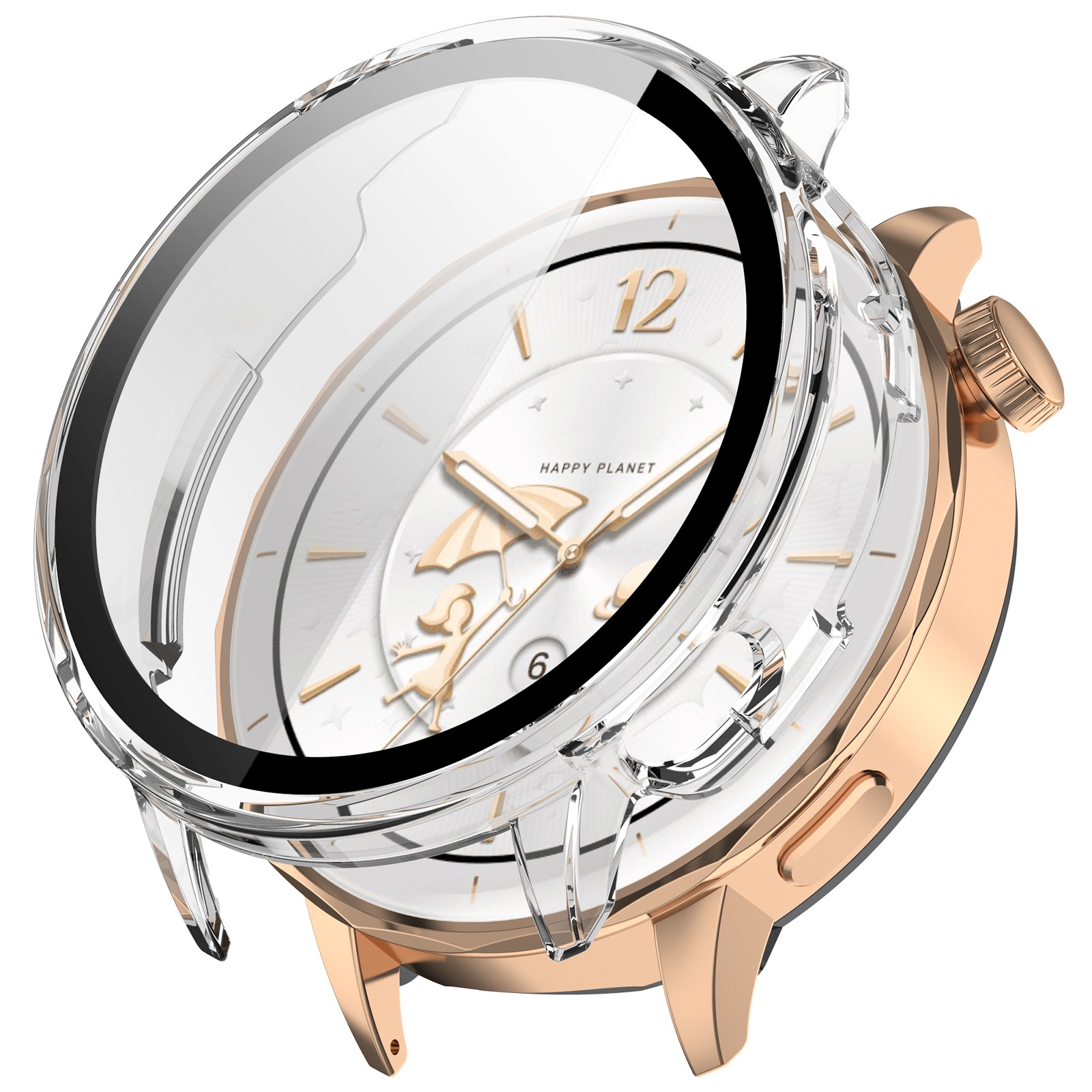 Orologio oro rosa con copertura trasparente. Quadrante bianco con lancette e numeri dorati. 'Happy Planet' e figura con ombrello.