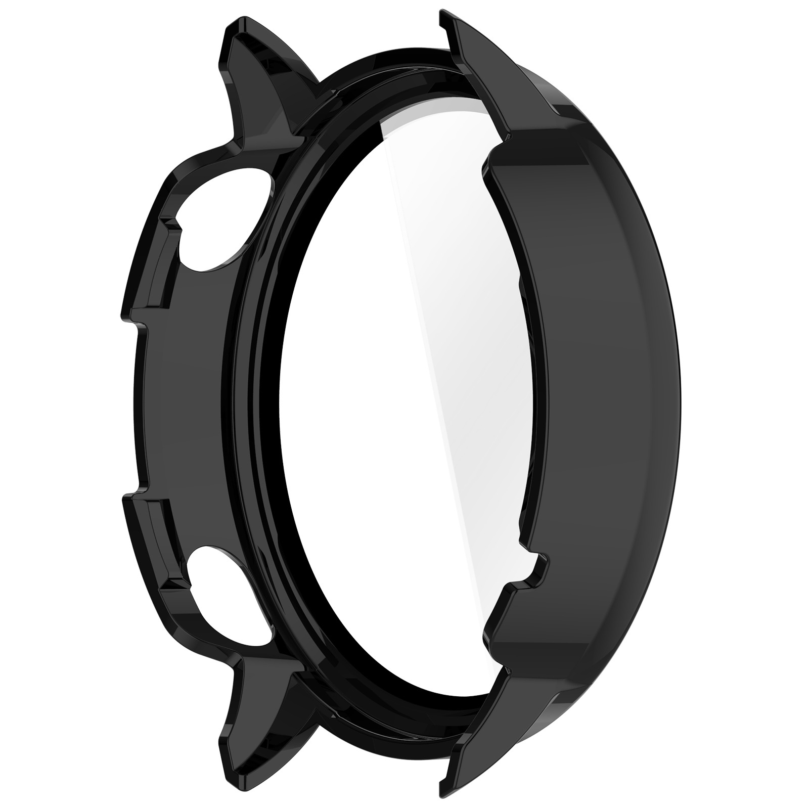 Schwarzes Uhrengehäuse mit klarem Displayschutz. Das Gehäuse hat eine unregelmäßige Form mit Aussparungen und Vorsprüngen. Weißer Hintergrund.