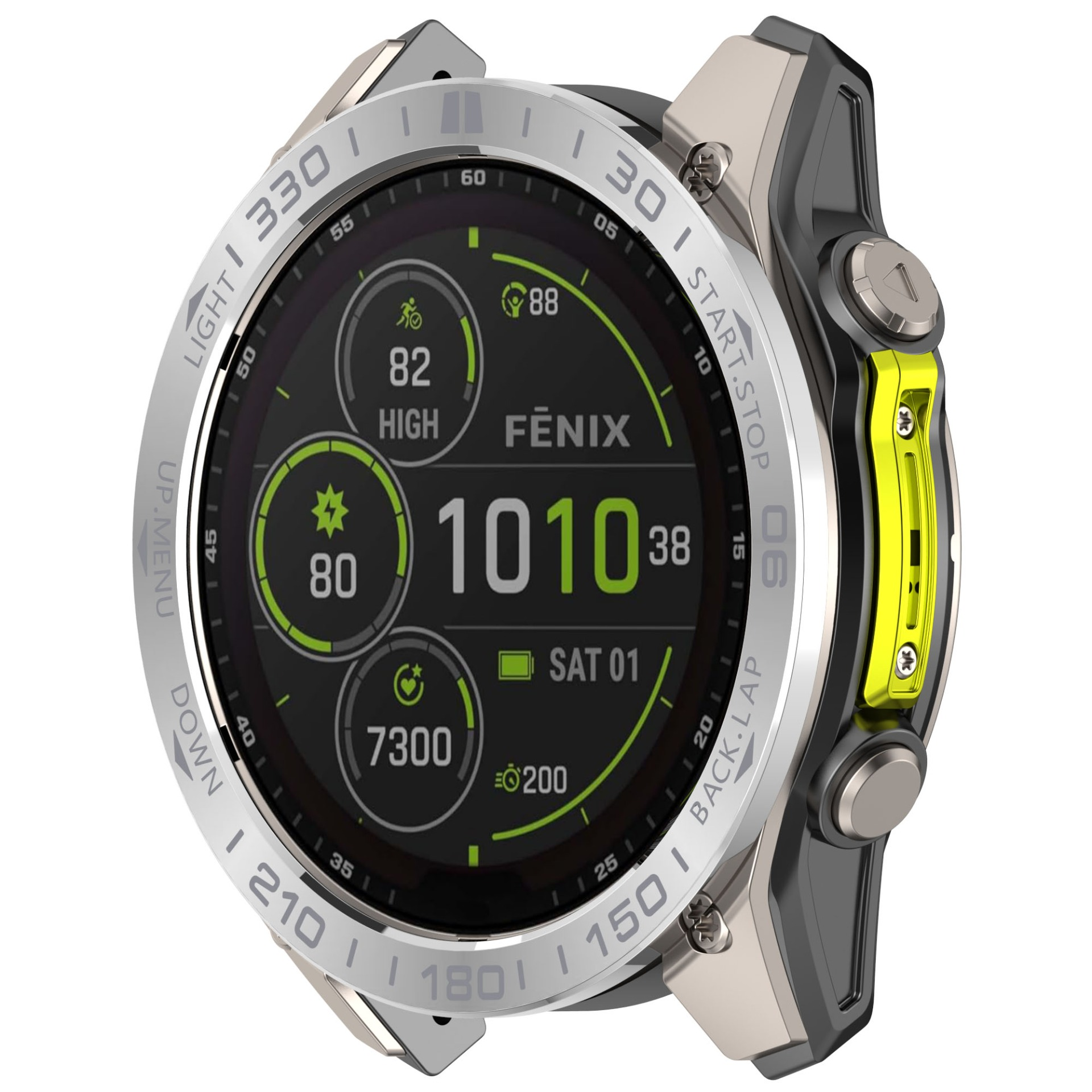 Eine silber-schwarze Fenix-Smartwatch mit digitaler Anzeige. Sie hat gelbe Akzente und eine silberne Lünette.
