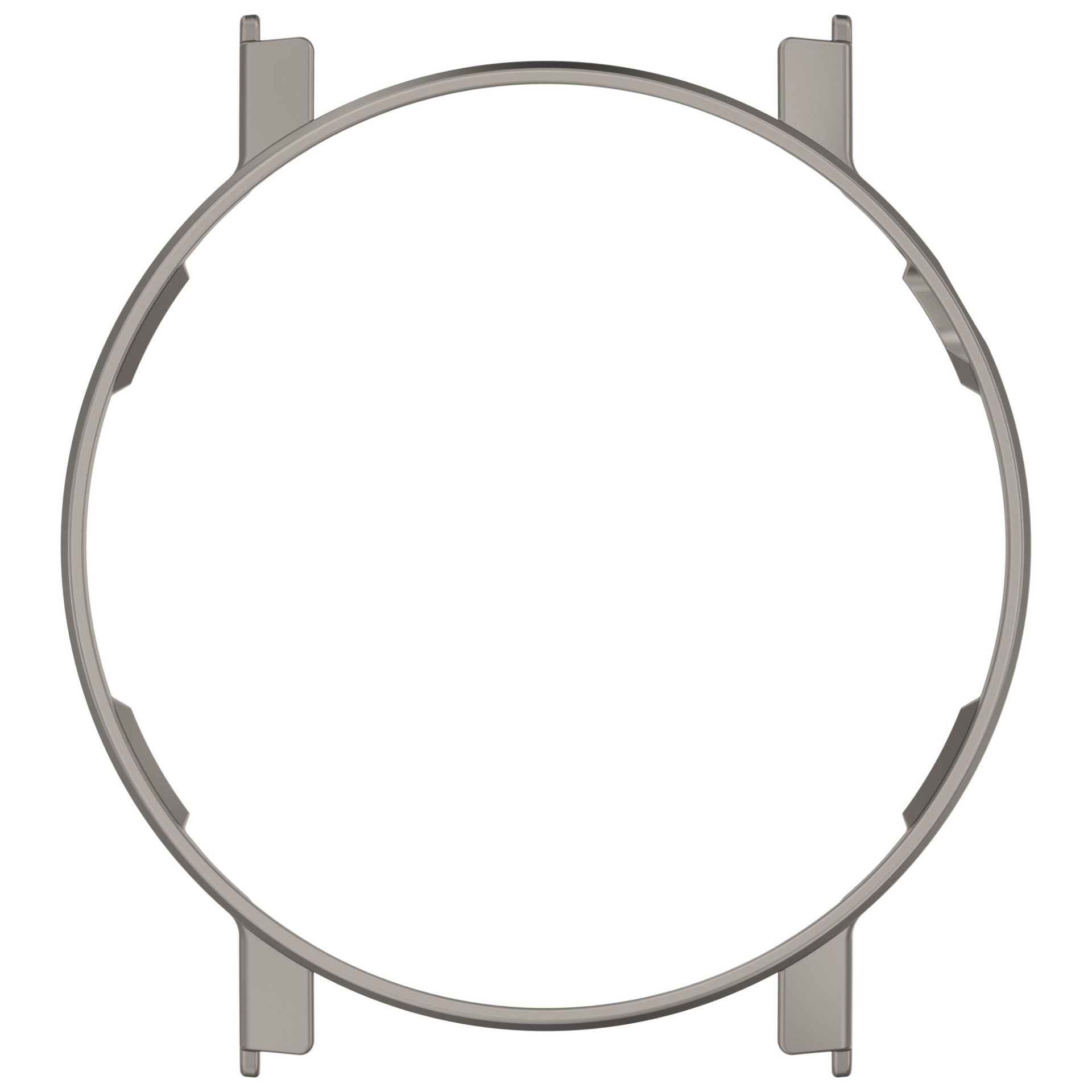 Un anello metallico con quattro linguette rettangolari. L'anello ha una forma circolare con sfondo bianco.