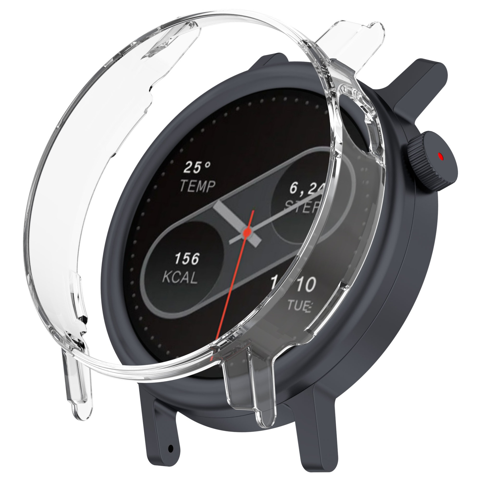 Smartwatch grigio scuro con protezione trasparente. Mostra temperatura, passi, calorie e ora.