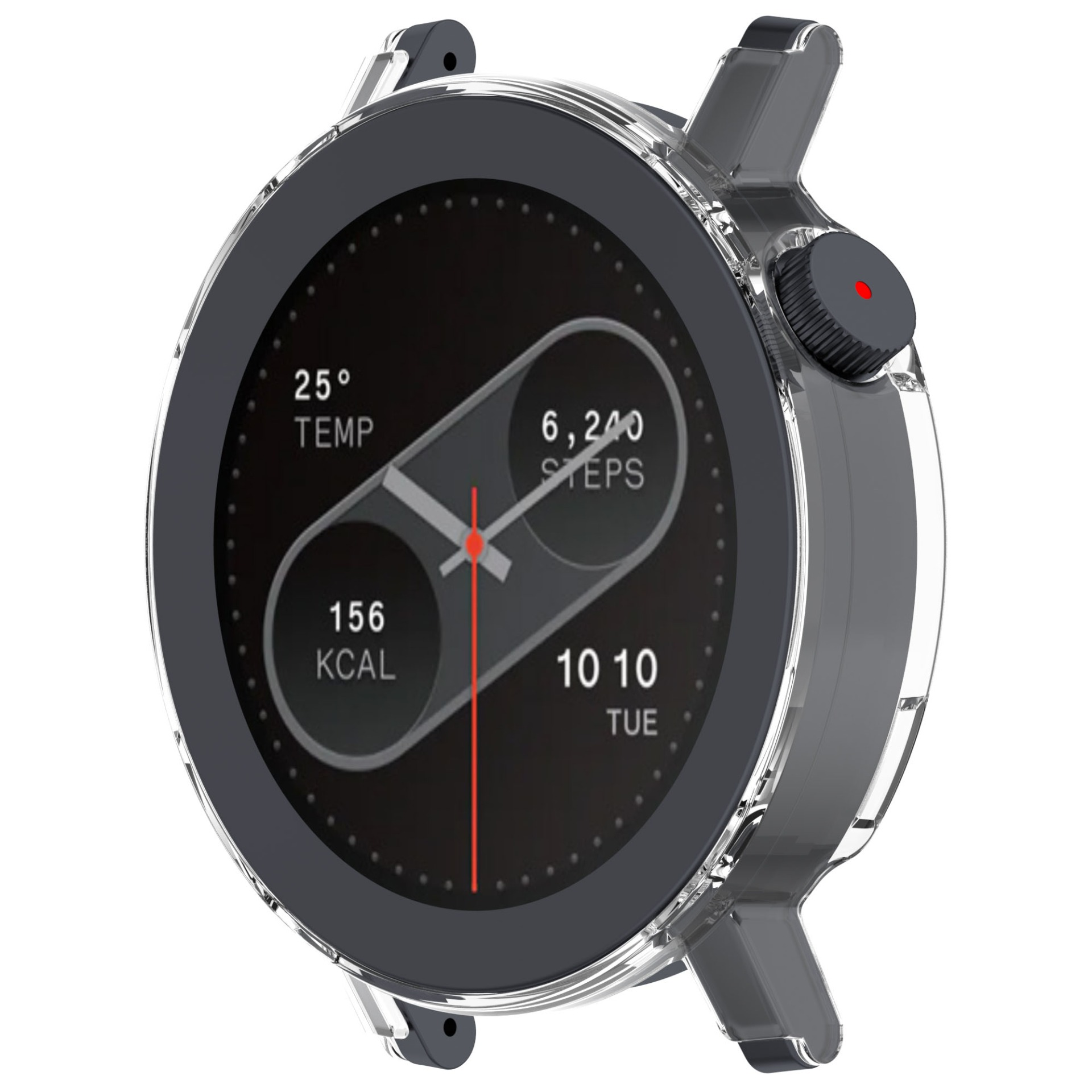 Smartwatch con custodia trasparente. Lo schermo mostra ora, temperatura, passi e calorie. Un punto rosso è sul lato.