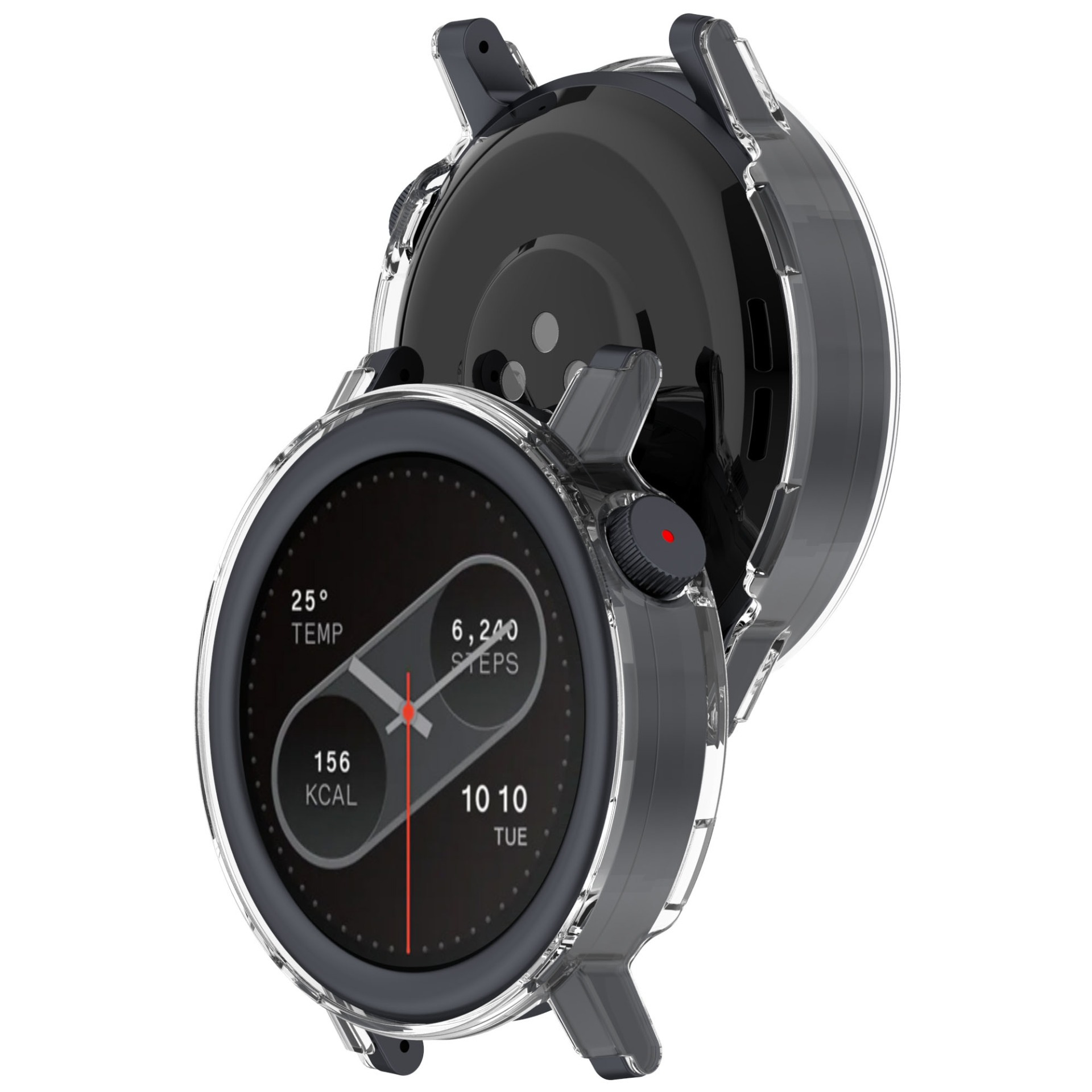 Smartwatch con custodia trasparente. L'orologio mostra ora, passi, temperatura e calorie. Lo sfondo è bianco.