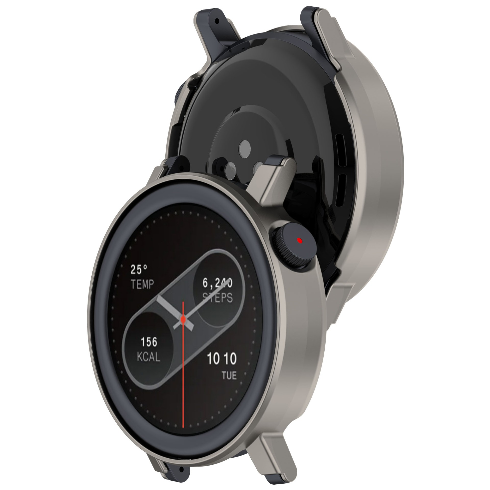 Uno smartwatch con cassa argentata, aperto per mostrare il quadrante con dettagli di tempo, passi e temperatura.