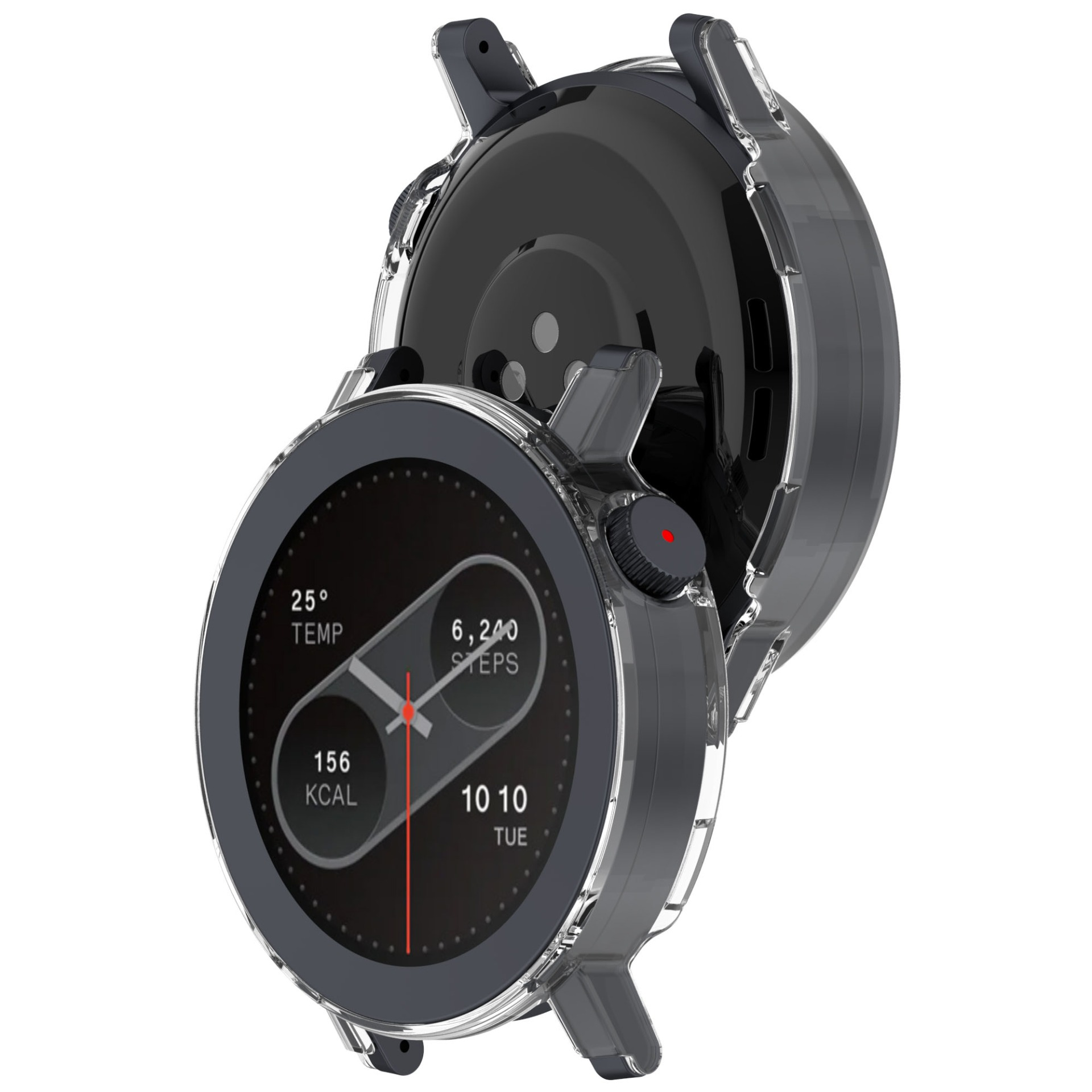 Un smartwatch con una custodia protettiva è in mostra. Il quadrante mostra temperatura, passi, calorie e ora. La custodia è trasparente.