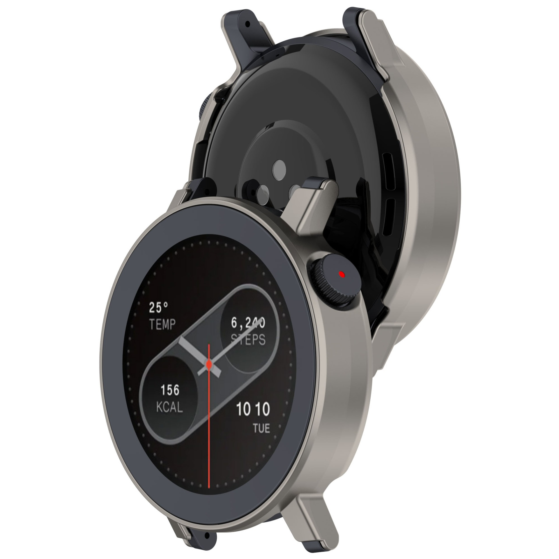 Uno smartwatch con cassa argentata, che mostra temperatura, passi e ora. Il retro è nero. Un pulsante rosso è visibile.
