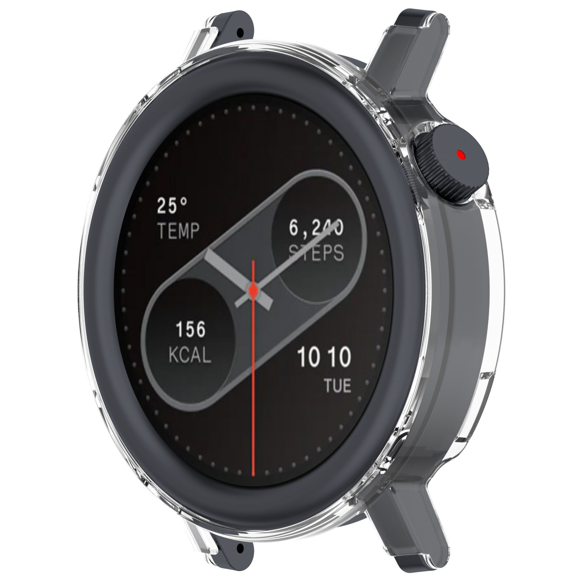 Smartwatch con cassa trasparente. Visualizza ora, passi, temperatura e calorie. Quadrante nero e pulsante laterale.