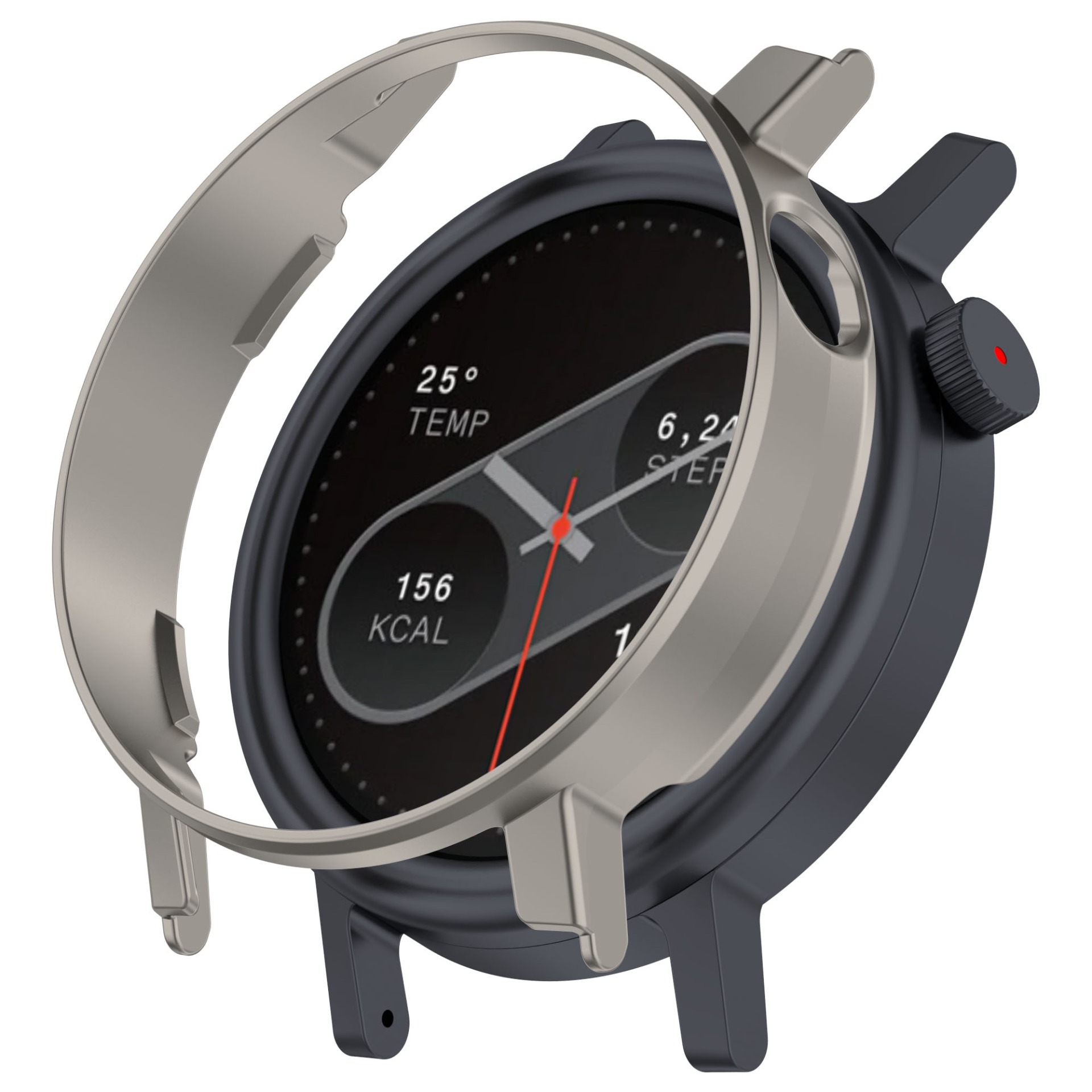 Uno smartwatch mostra ora, temperatura, passi e calorie bruciate. Ha una lunetta argentata, corpo grigio scuro e un pulsante a punto rosso.