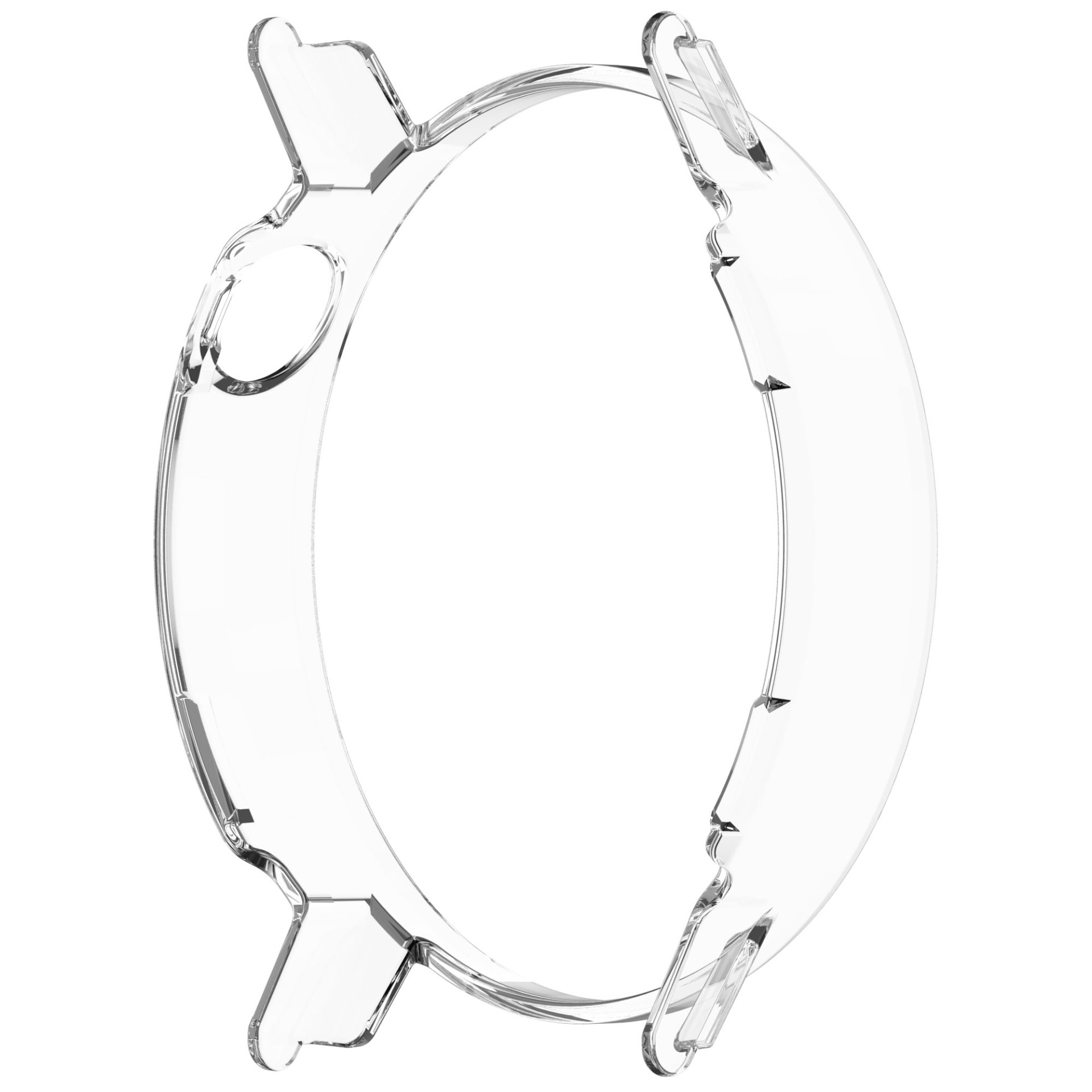 Una custodia trasparente per orologio, circolare, con bordi rialzati e punti di attacco. Su sfondo bianco.