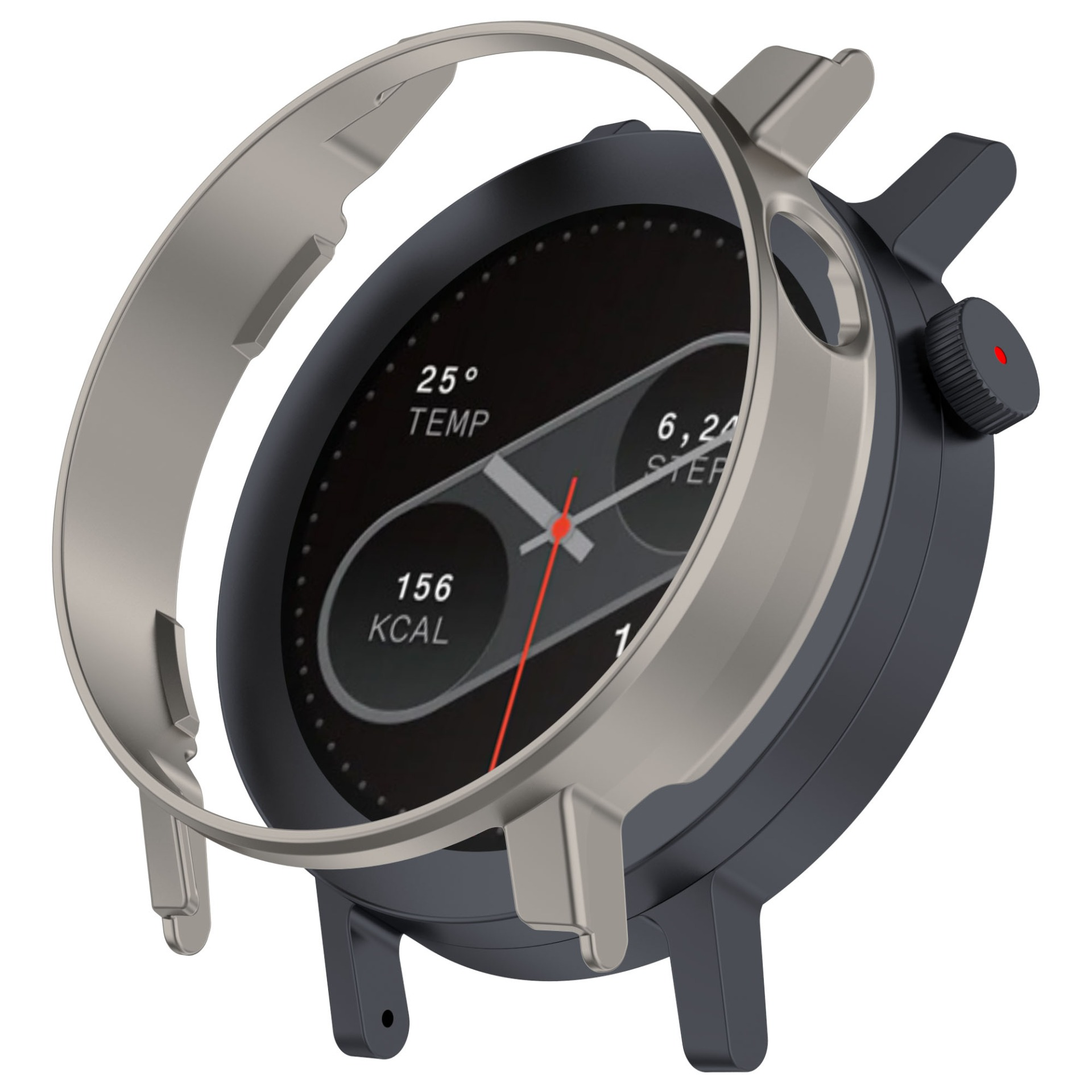 Uno smartwatch con display nero che mostra temperatura, passi e calorie. Ha una lunetta argentata e un corpo grigio scuro.