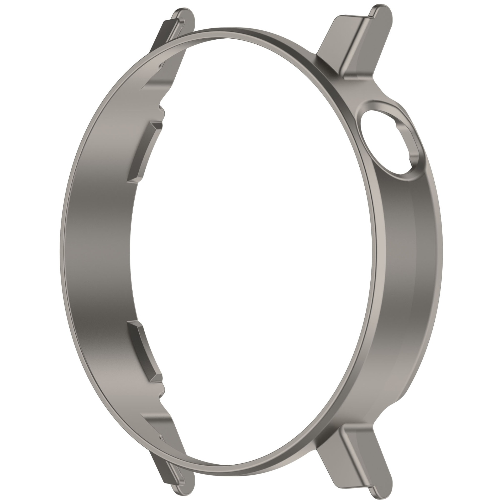 Una lunetta per orologio metallica. È un pezzo circolare con alette e un foro. Lo sfondo è bianco.