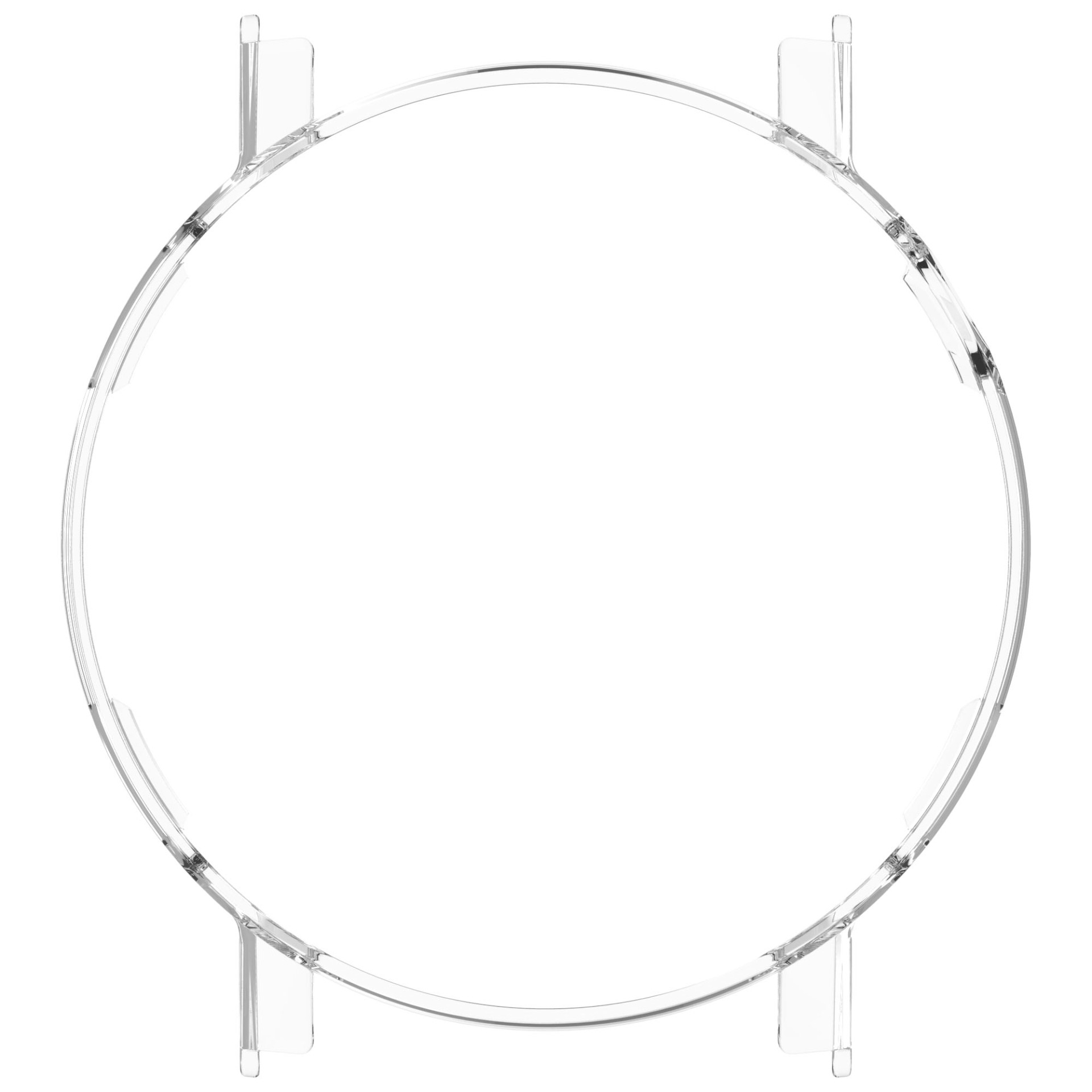Un telaio circolare in plastica trasparente con quattro supporti verticali. Il telaio è centrato su sfondo bianco.