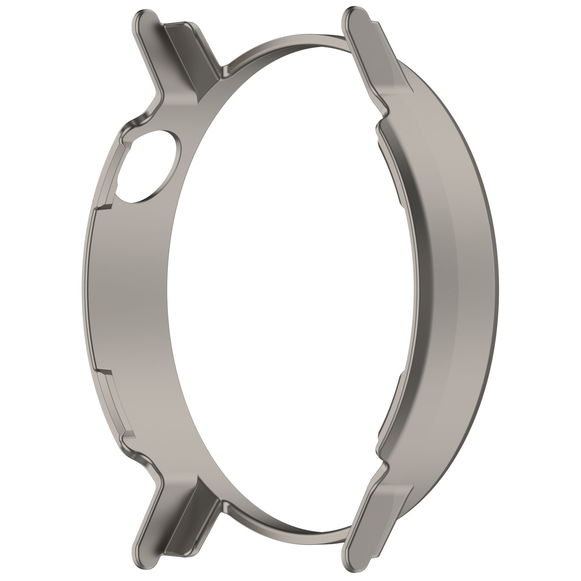 Una lunetta per orologio argentata di forma circolare. Presenta sporgenze e un foro su un lato, con finitura metallica pulita.