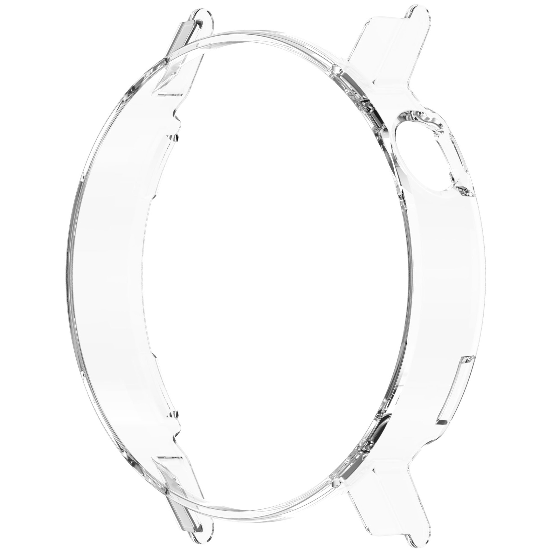 Una cassa per orologio trasparente e trasparente. È circolare con bordi curvi e piccole sporgenze per i cinturini. Sfondo bianco.