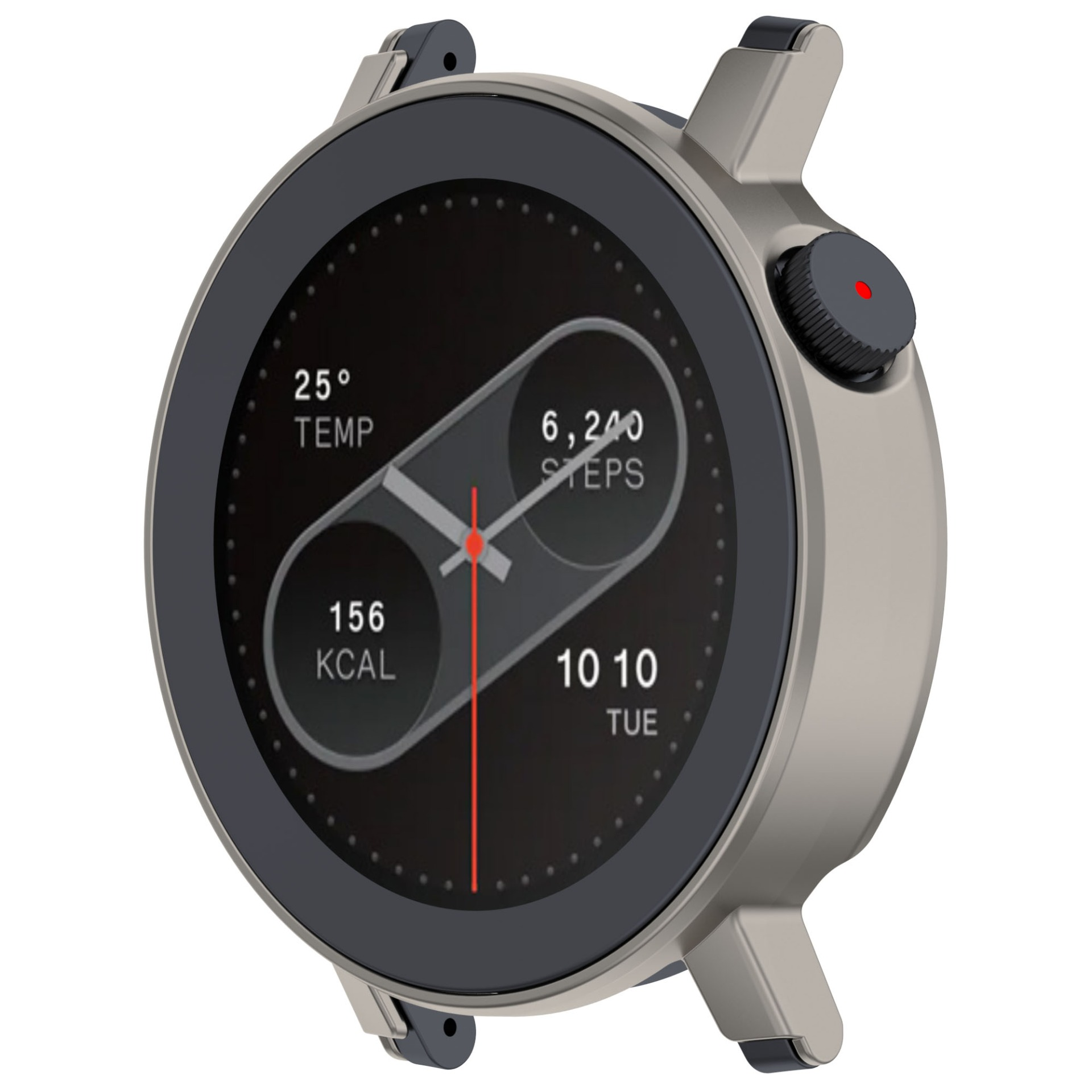 Uno smartwatch argentato mostra ora, passi e temperatura. Ha uno schermo nero con dettagli rossi e un pulsante laterale.