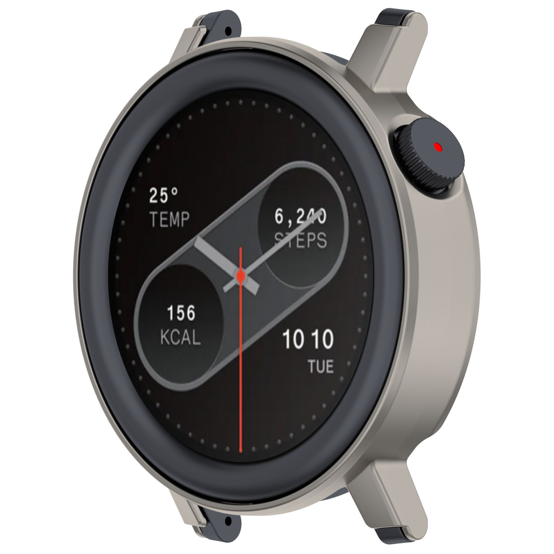 Uno smartwatch mostra temperatura, passi e calorie. L'ora è 10:10 di martedì. Ha un corpo grigio e un quadrante nero.