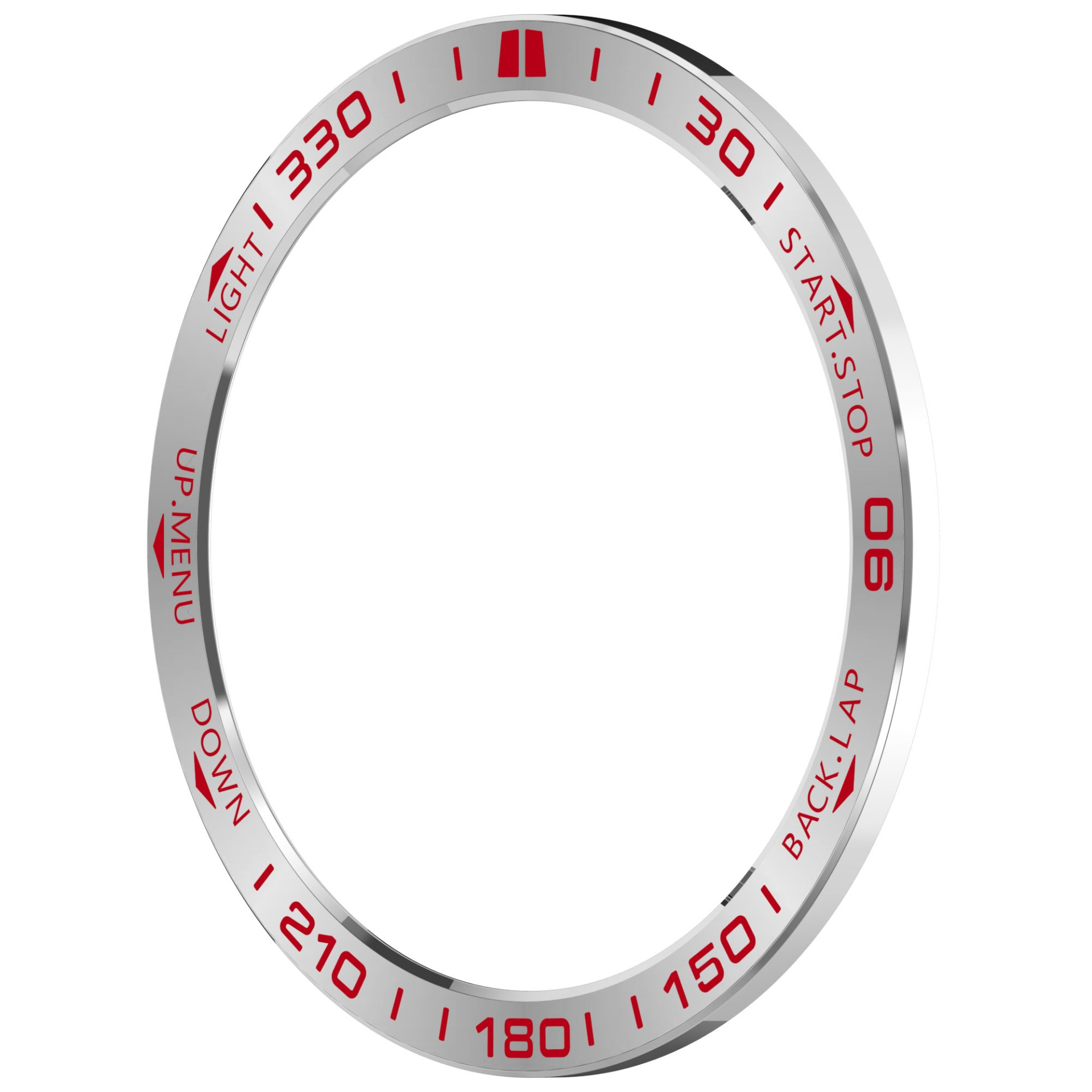 Ein silberner Ring mit roten Markierungen. Zahlen, Wörter wie 'Light', 'Start' und 'Back' sind sichtbar. Der Hintergrund ist weiß.