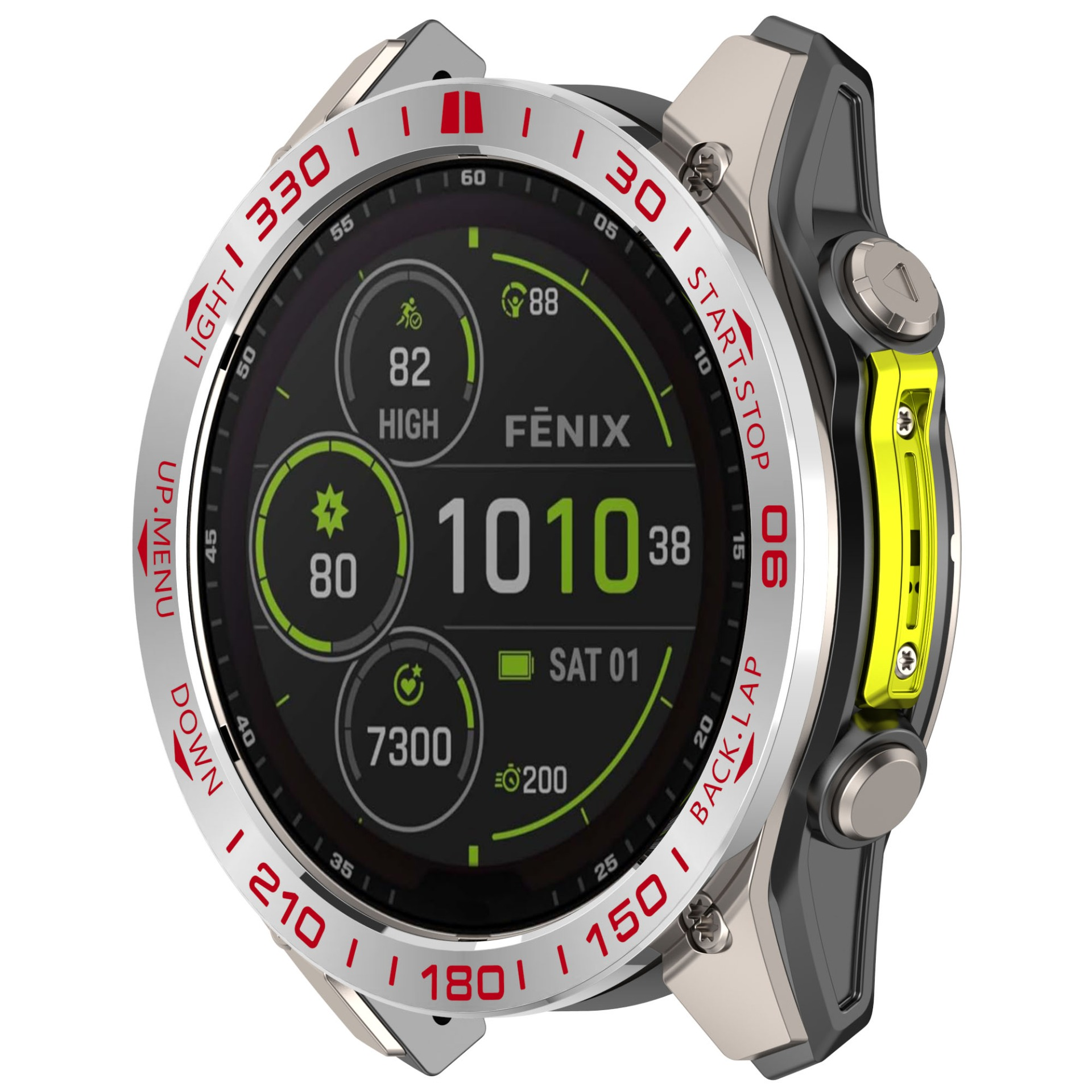Nahaufnahme einer Fenix-Smartwatch. Sie hat einen schwarzen Bildschirm mit Daten, eine silberne Lünette mit roten Markierungen und gelben Akzenten.