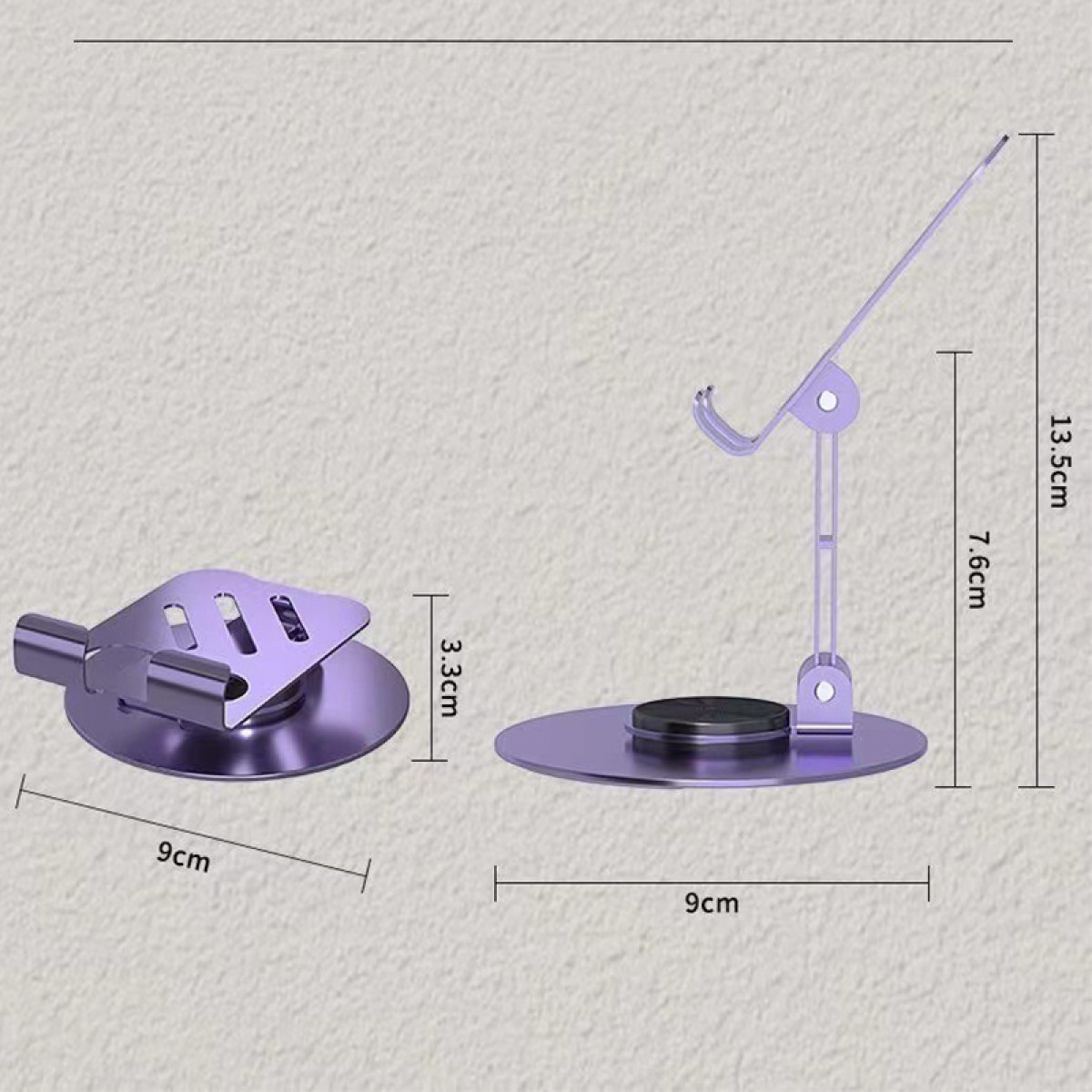 Fioletowy stojak na telefon z wymiarami. Ma okrągłą podstawę i regulowane ramię do trzymania telefonu. Pokazano oddzielny klips.