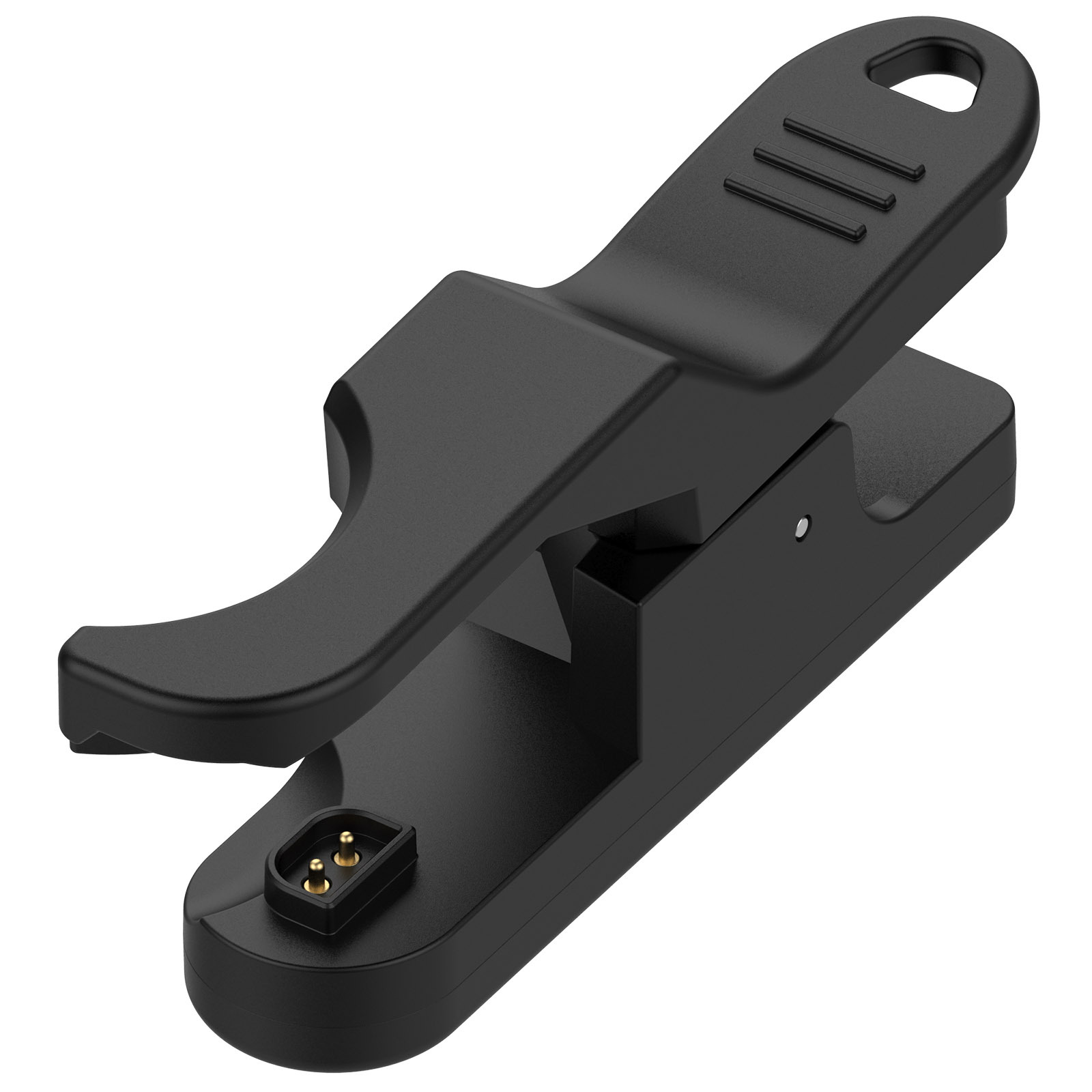 Czarny klips ładujący do urządzenia. Ma konstrukcję zaciskową i złącze ze złotymi pinami. Klips jest na białym tle.