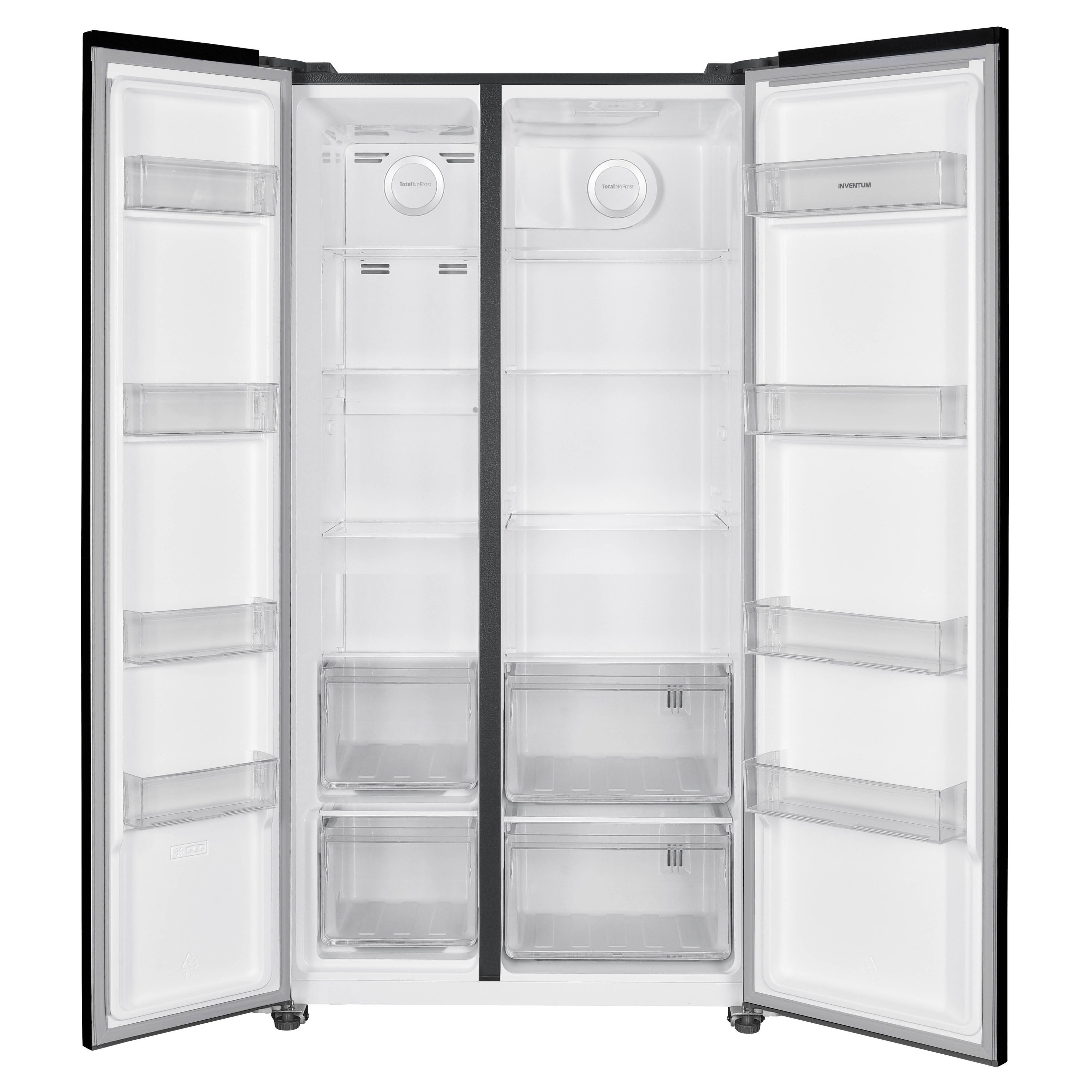 A double-door refrigerator is open, revealing empty shelves, drawers, and transparent storage bins. The interior is white.