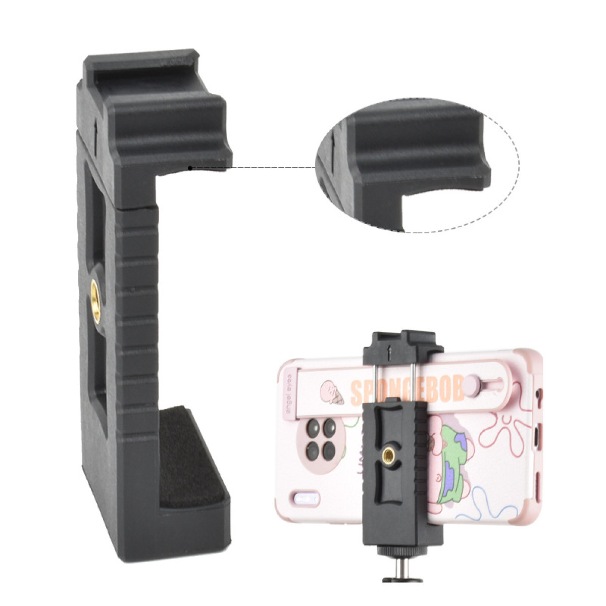 Czarny uchwyt na telefon z telefonem w różowym etui. Telefon wyświetla SpongeBoba. Widoczny jest również szczegółowy widok na górę uchwytu.