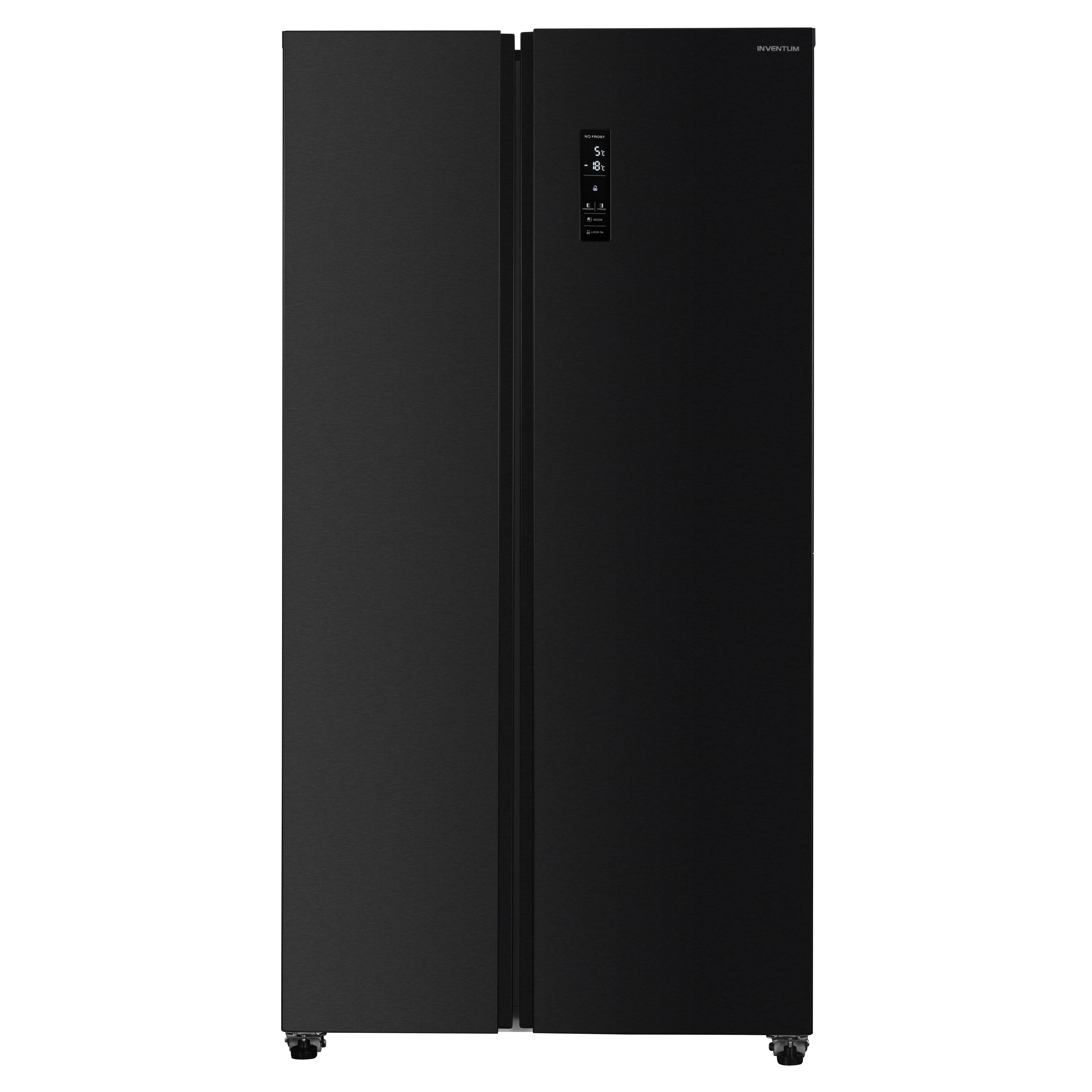 A black INVENTUM refrigerator with two doors is displayed. The display shows the temperature. The background is white.