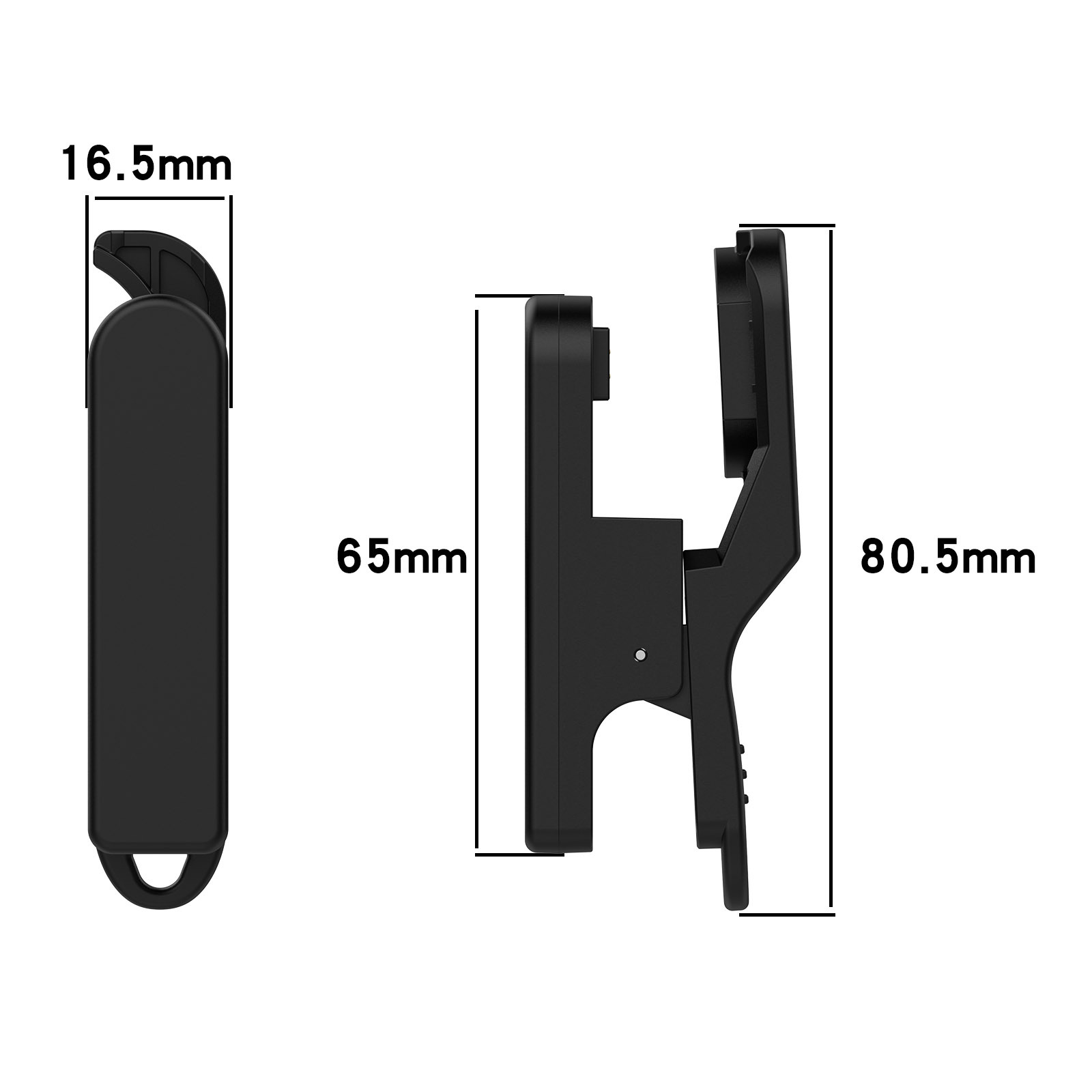 Trzy czarne plastikowe klipsy, z wymiarami w mm. Jeden ma 16,5 mm szerokości, drugi 65 mm, a trzeci 80,5 mm wysokości.